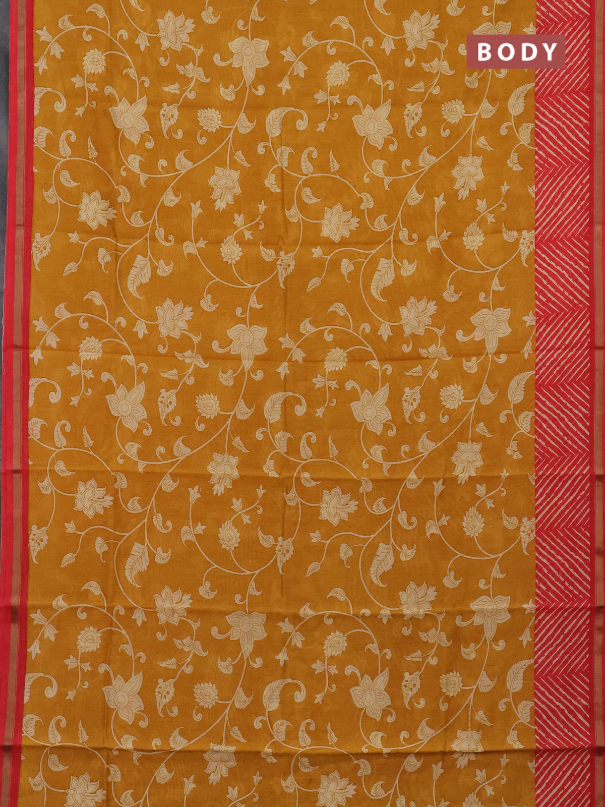 Chanderi silk cotton saree mustard yellow and red with allover kalmakari prints and zari woven border - Image 2