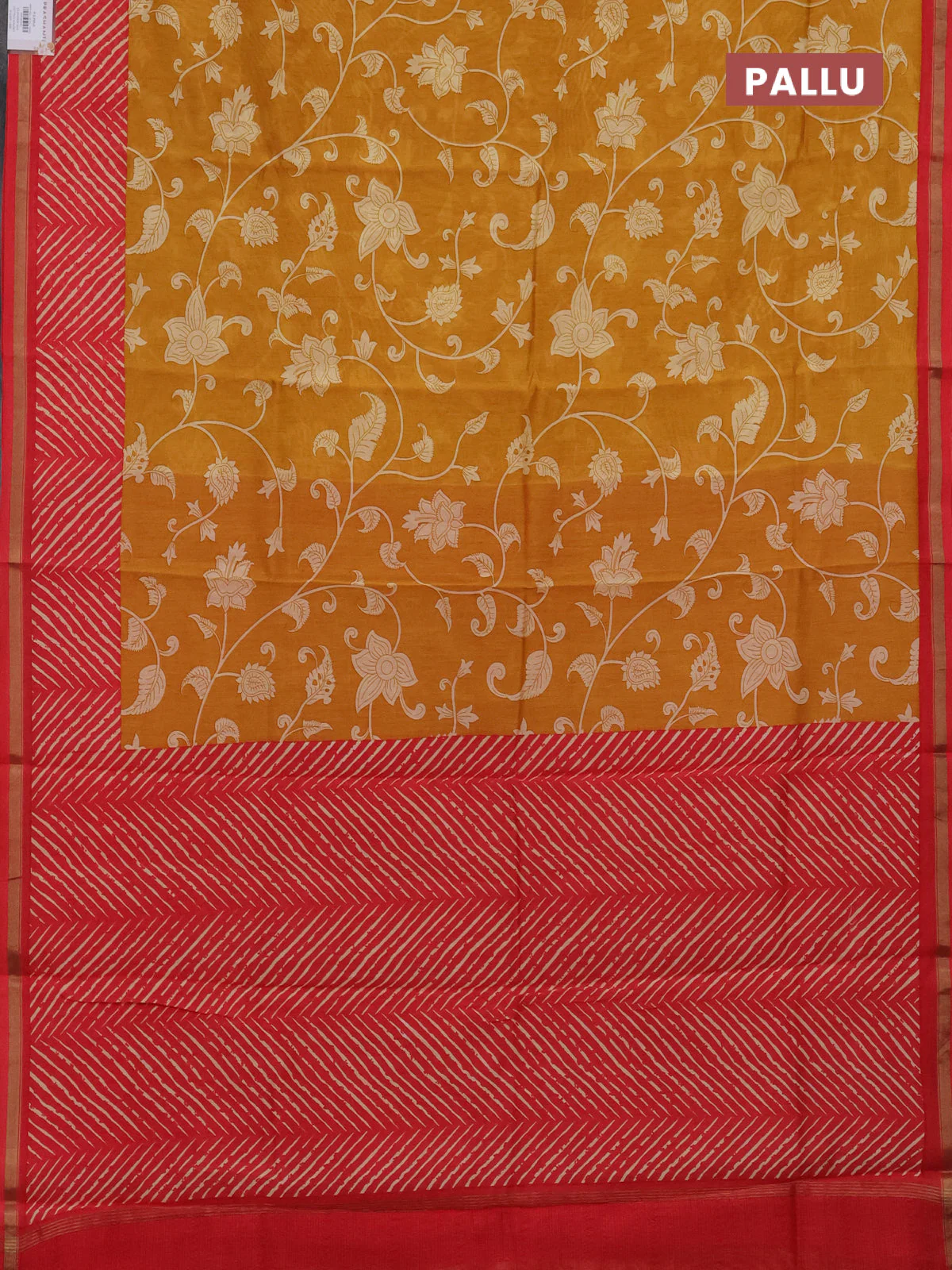 Chanderi silk cotton saree mustard yellow and red with allover kalmakari prints and zari woven border - Image 3