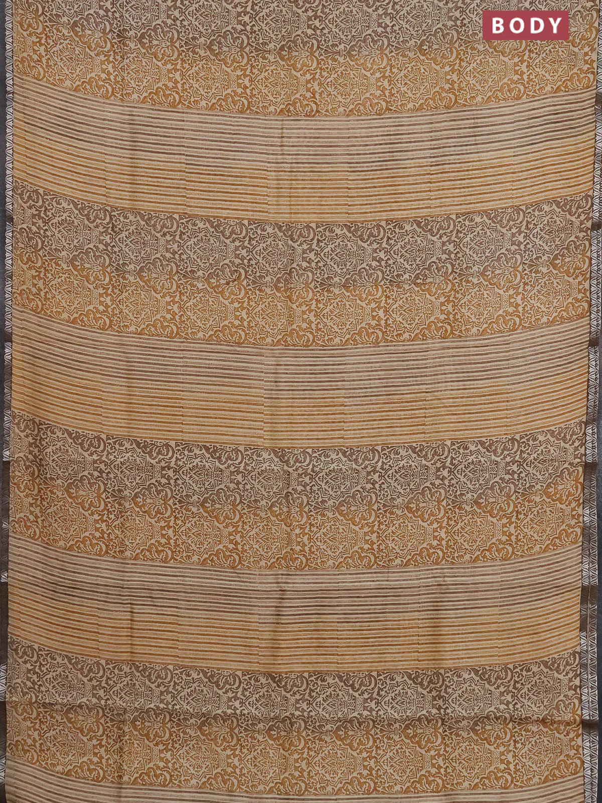 Chanderi silk cotton saree mustard yellow and sandal with allover prints and small zari woven border - Image 2