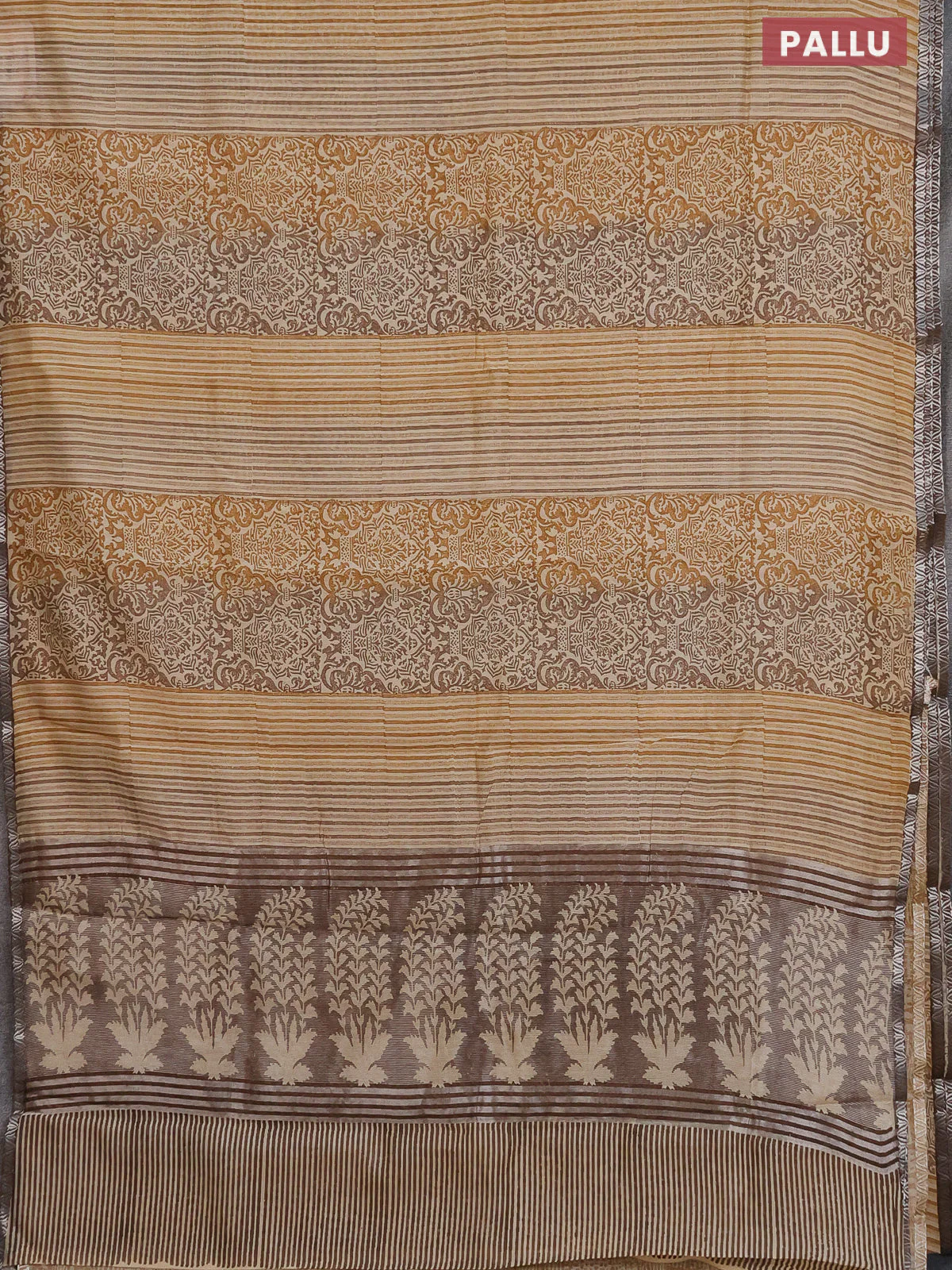 Chanderi silk cotton saree mustard yellow and sandal with allover prints and small zari woven border - Image 3