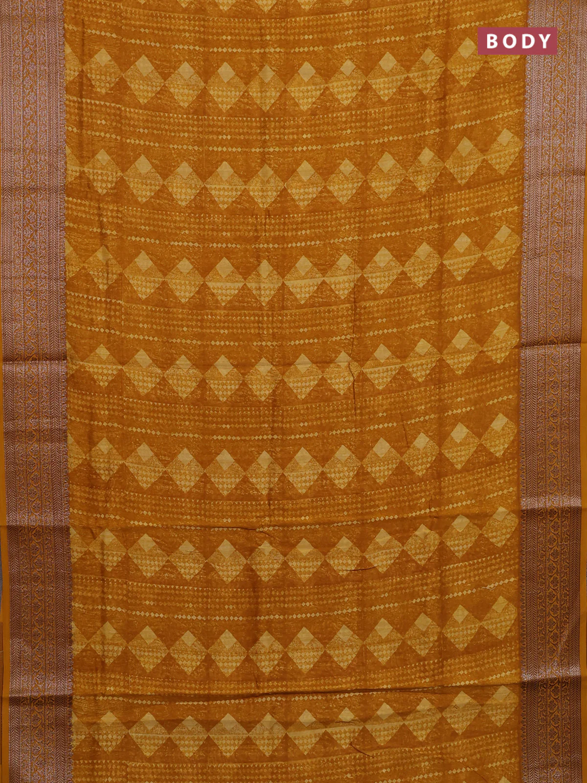 Chanderi silk cotton saree mustard yellow with allover geometric prints and banarasi style border - Image 2