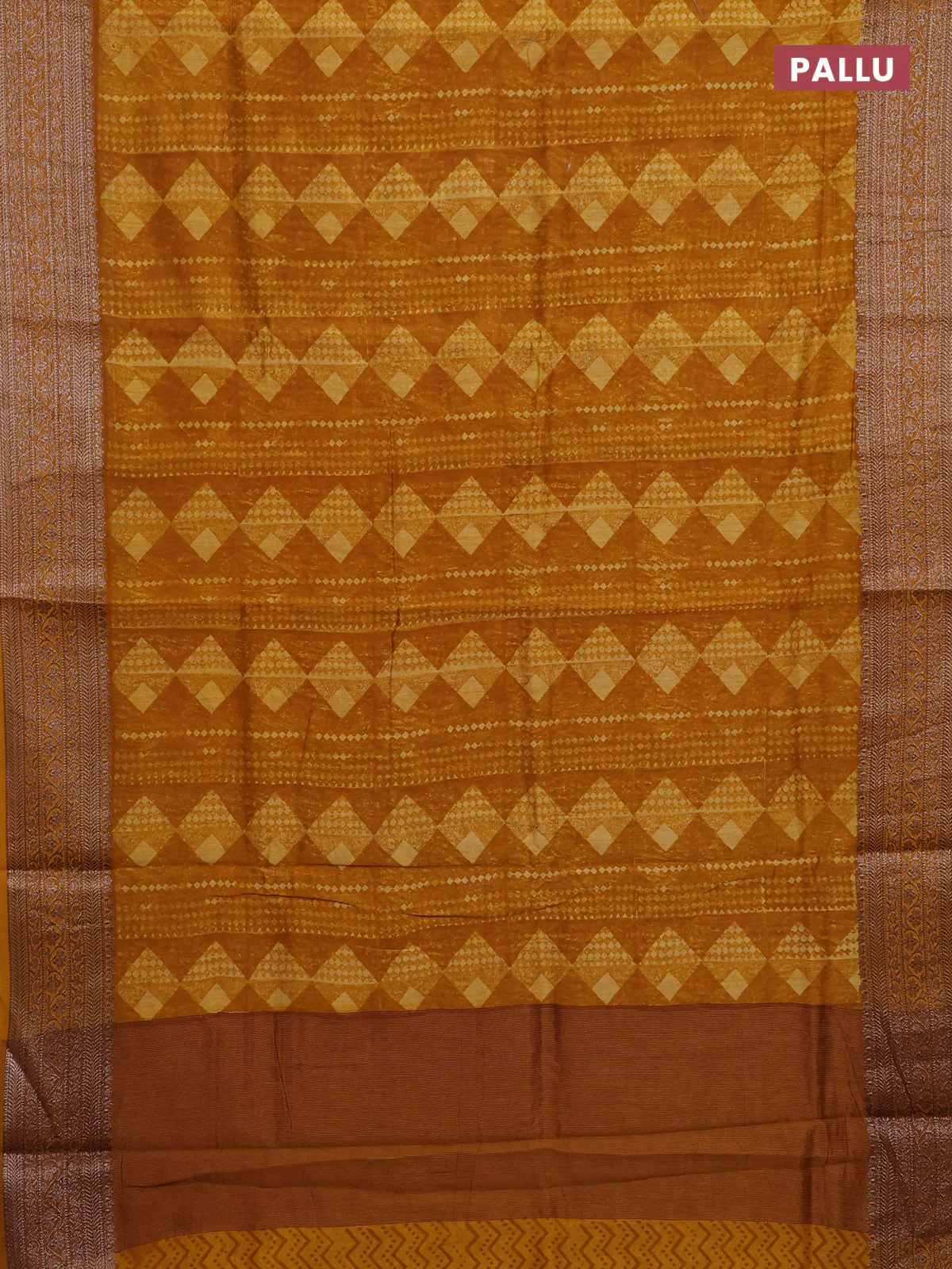 Chanderi silk cotton saree mustard yellow with allover geometric prints and banarasi style border - Image 3