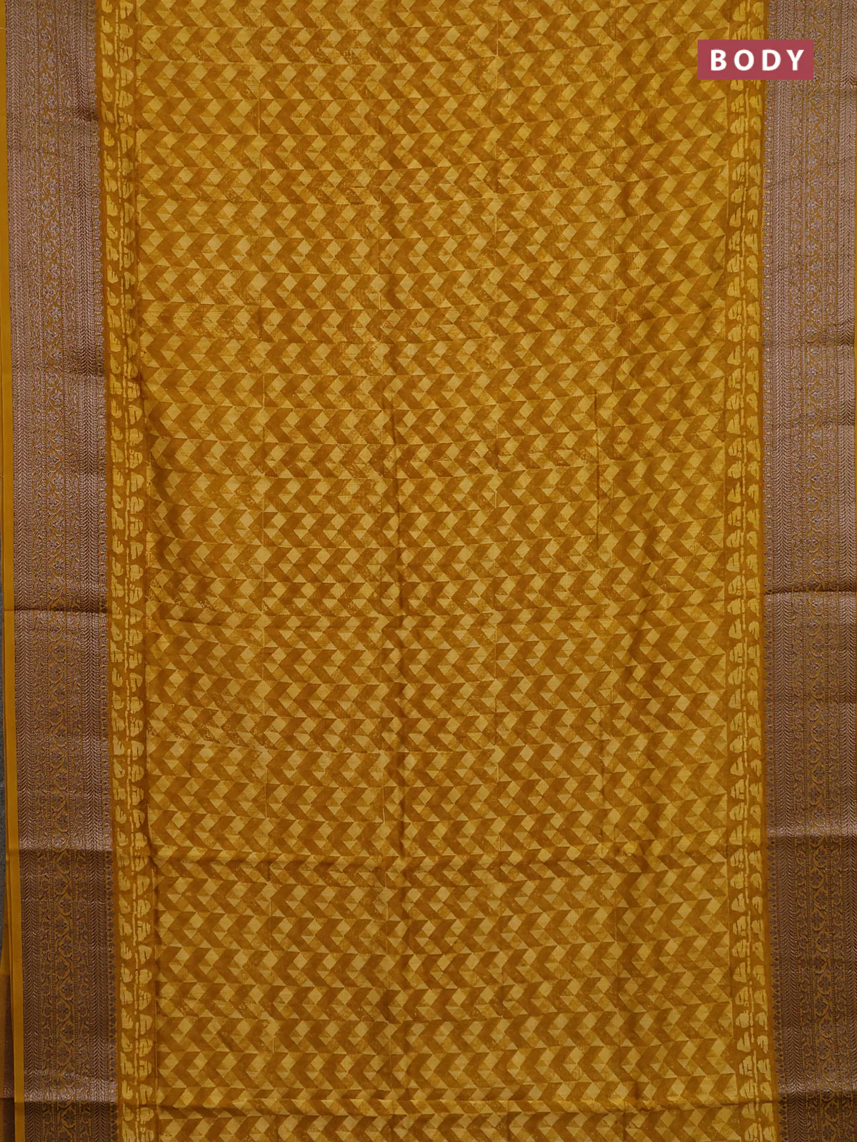 Chanderi silk cotton saree mustard yellow with allover geometric prints and banarasi style border - Image 2