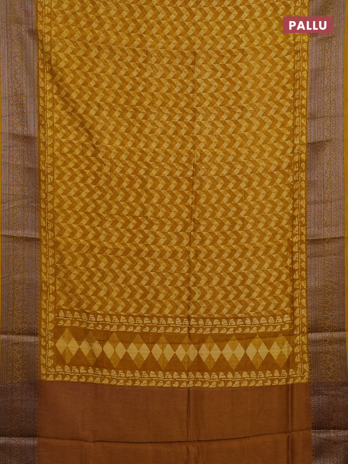 Chanderi silk cotton saree mustard yellow with allover geometric prints and banarasi style border - Image 3