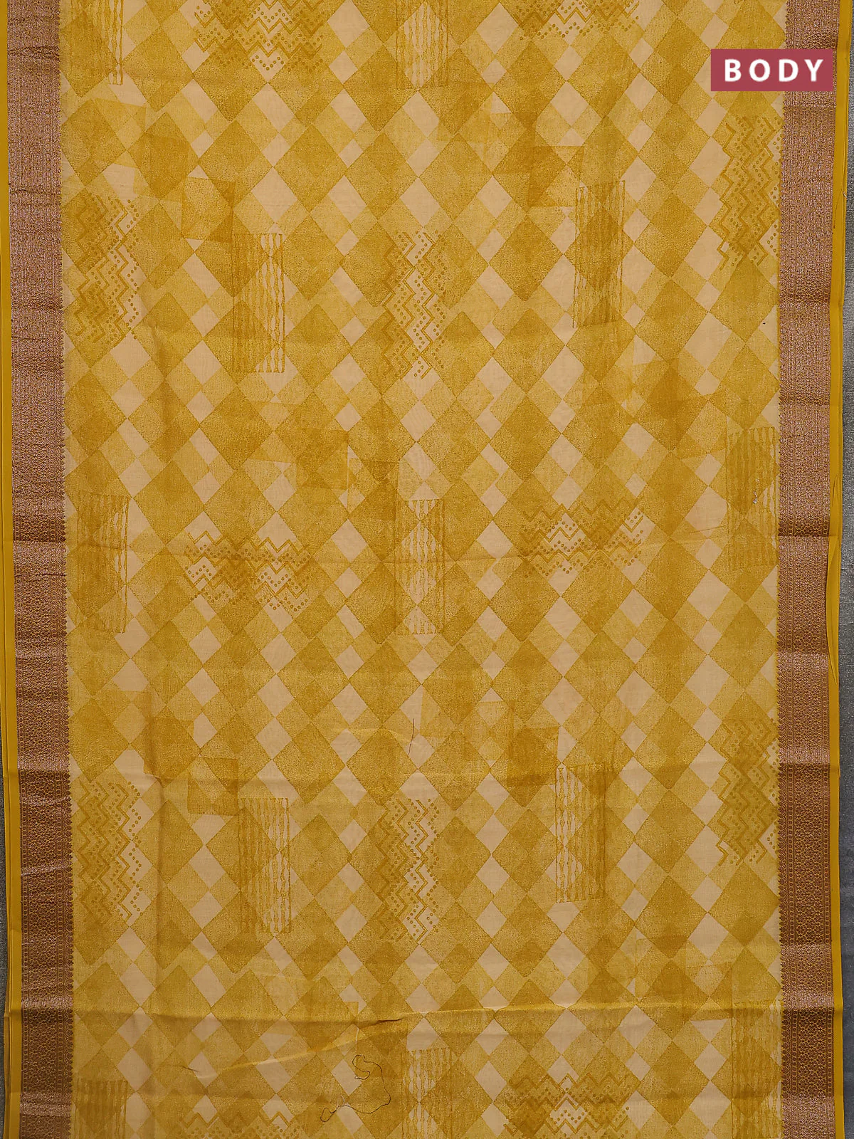 Chanderi silk cotton saree mustard yellow with allover geometric prints and banarasi style border - Image 2