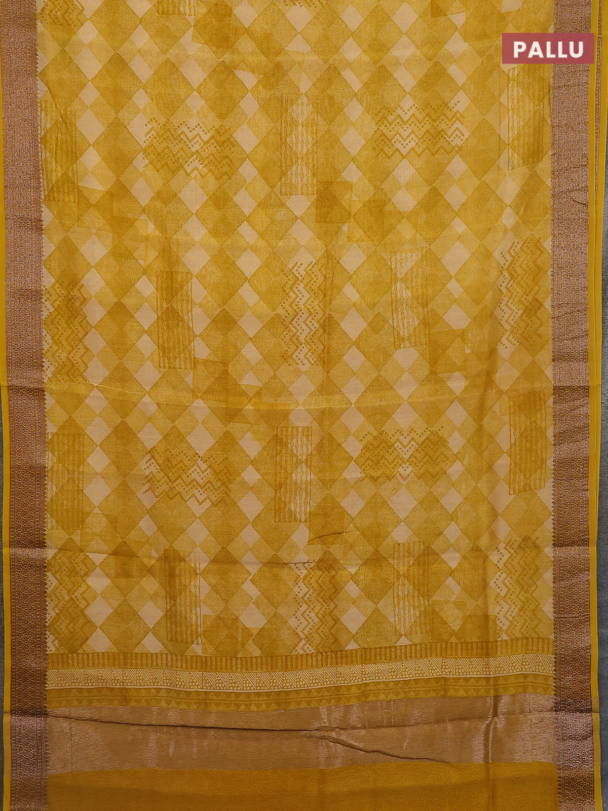 Chanderi silk cotton saree mustard yellow with allover geometric prints and banarasi style border - Image 3