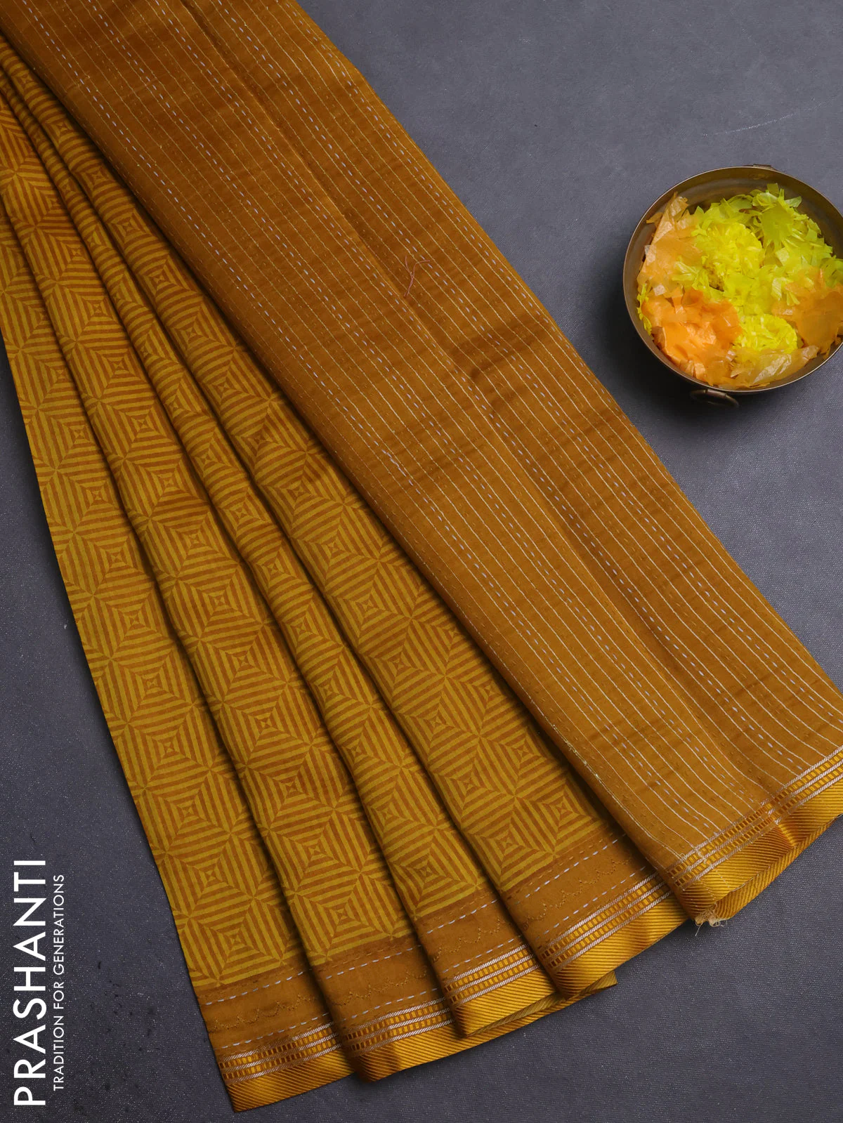 Chanderi silk cotton saree mustard yellow with allover geometric prints and kanth stitch work border