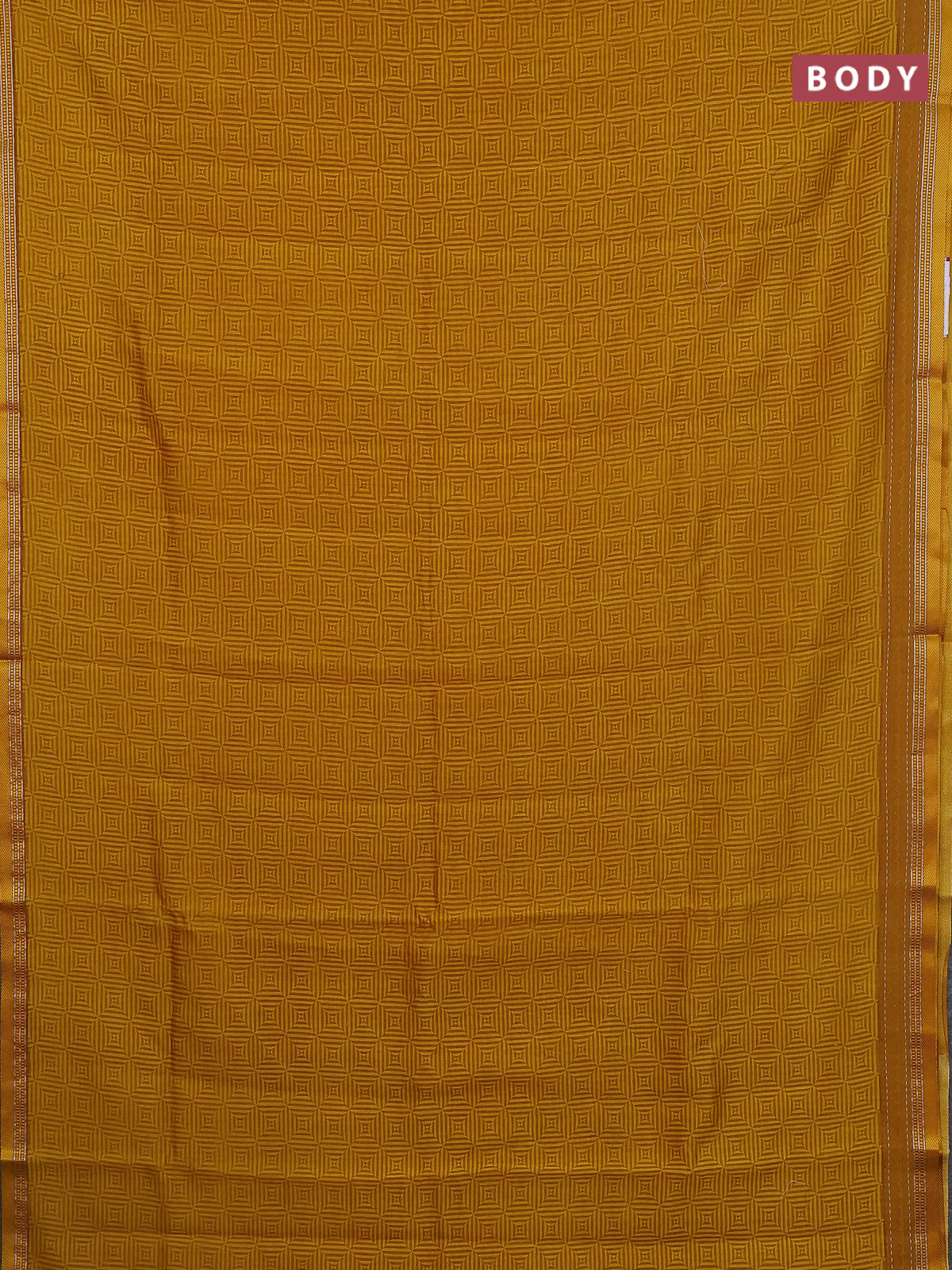 Chanderi silk cotton saree mustard yellow with allover geometric prints and kanth stitch work border - Image 2