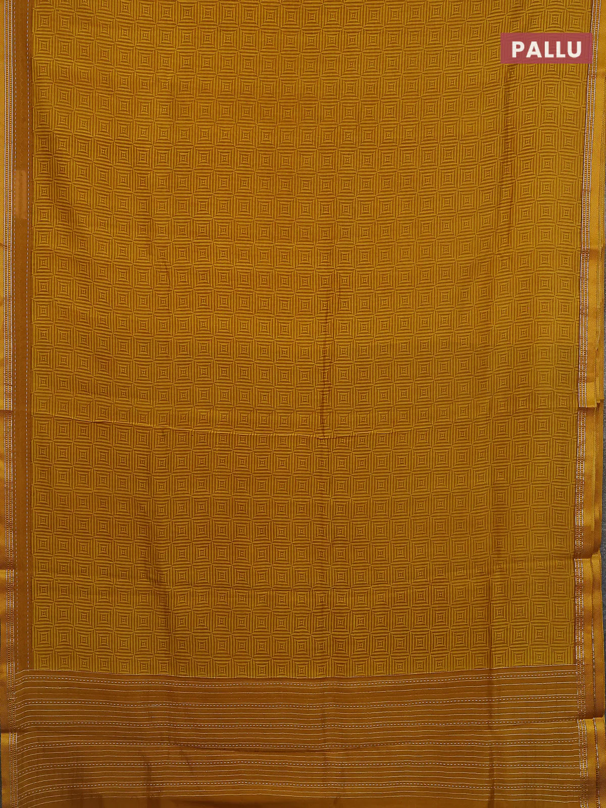 Chanderi silk cotton saree mustard yellow with allover geometric prints and kanth stitch work border - Image 3