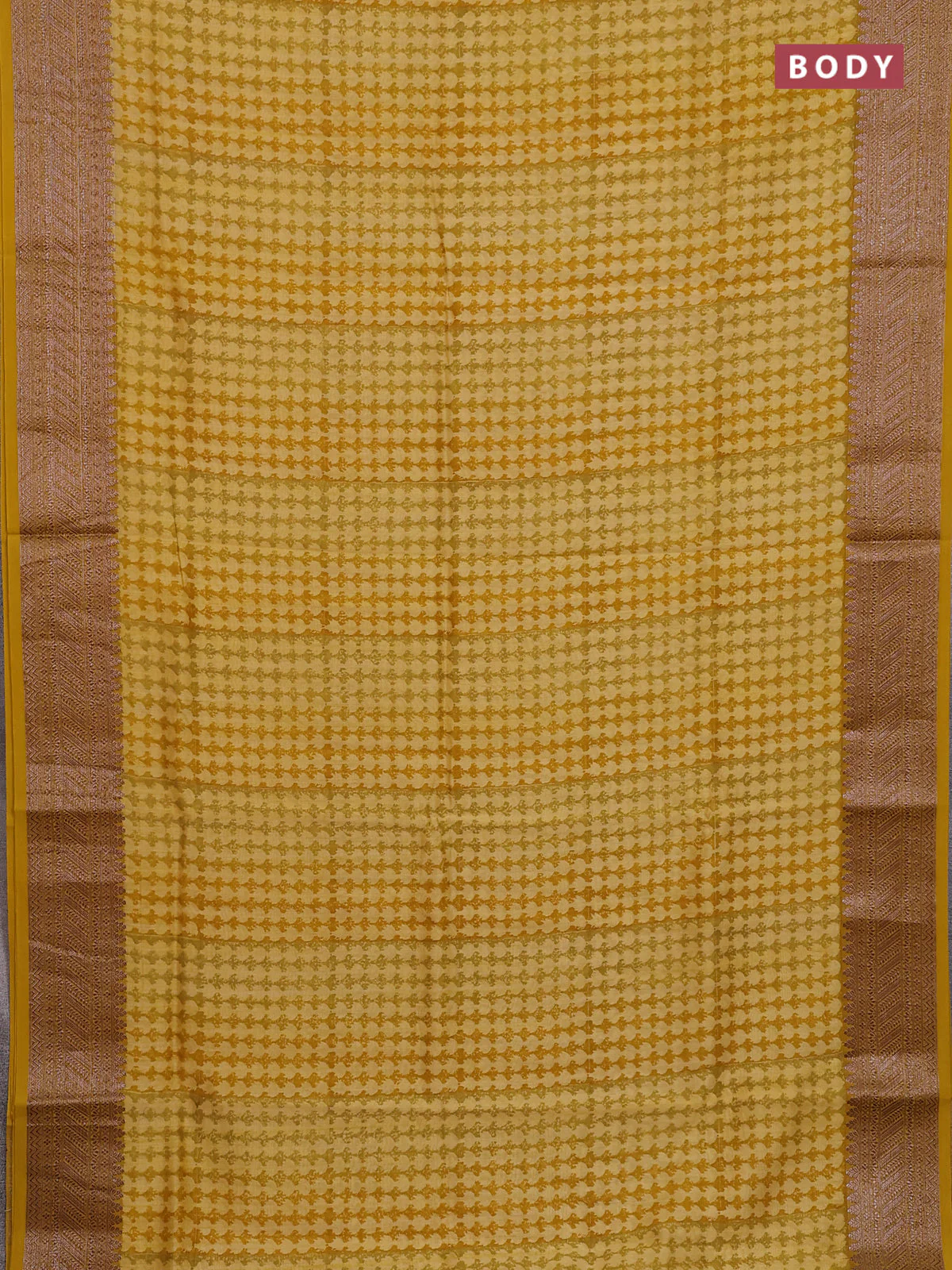 Chanderi silk cotton saree mustard yellow with allover prints and banarasi style border - Image 2