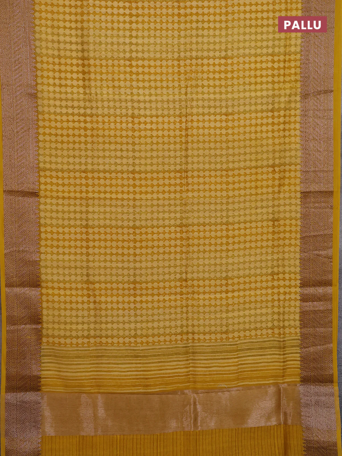 Chanderi silk cotton saree mustard yellow with allover prints and banarasi style border - Image 3