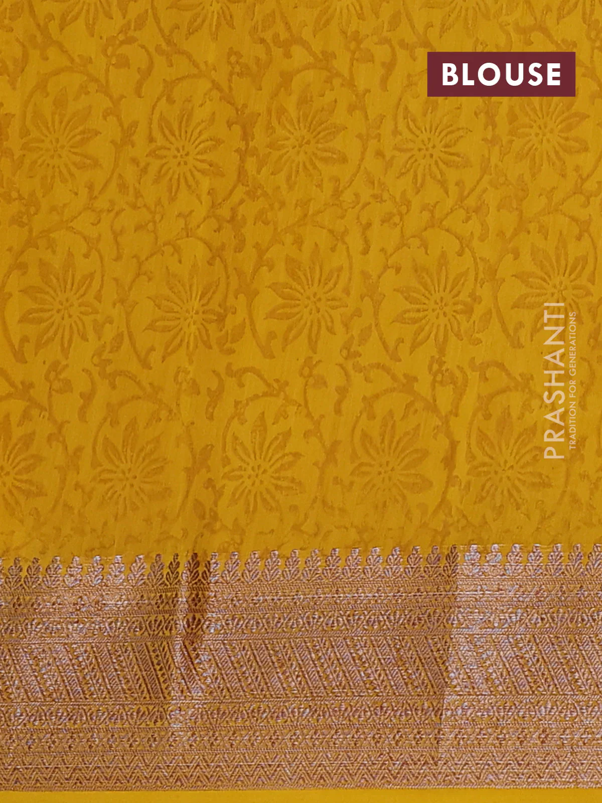 Chanderi silk cotton saree mustard yellow with allover prints and banarasi style border - Image 4