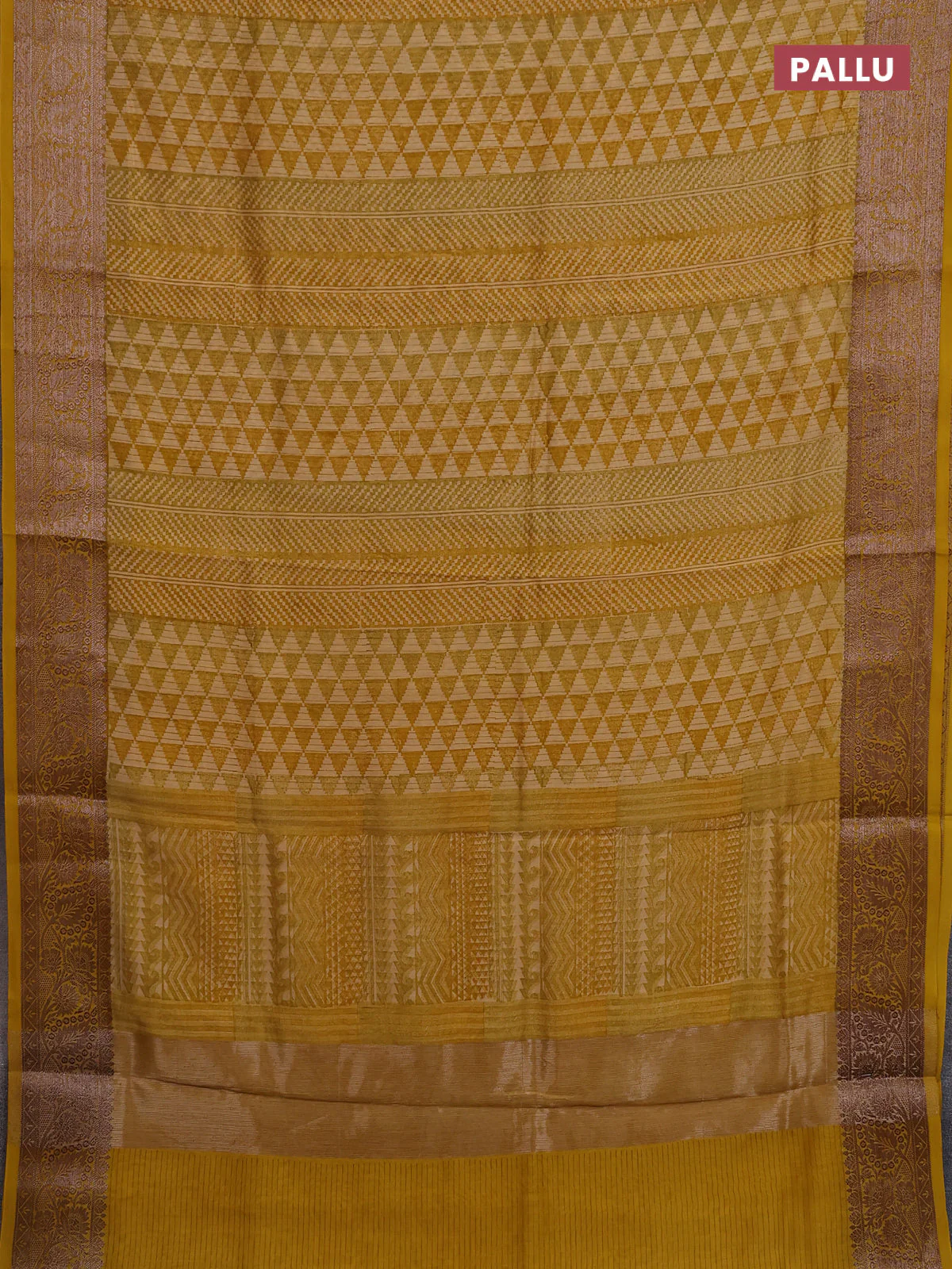 Chanderi silk cotton saree mustard yellow with allover prints and banarasi style border - Image 3