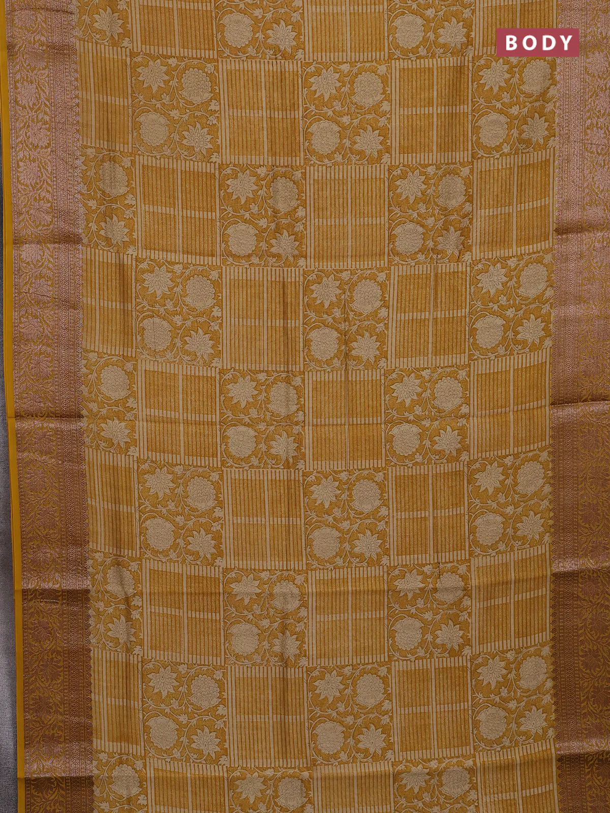 Chanderi silk cotton saree mustard yellow with allover prints and banarasi style border - Image 2