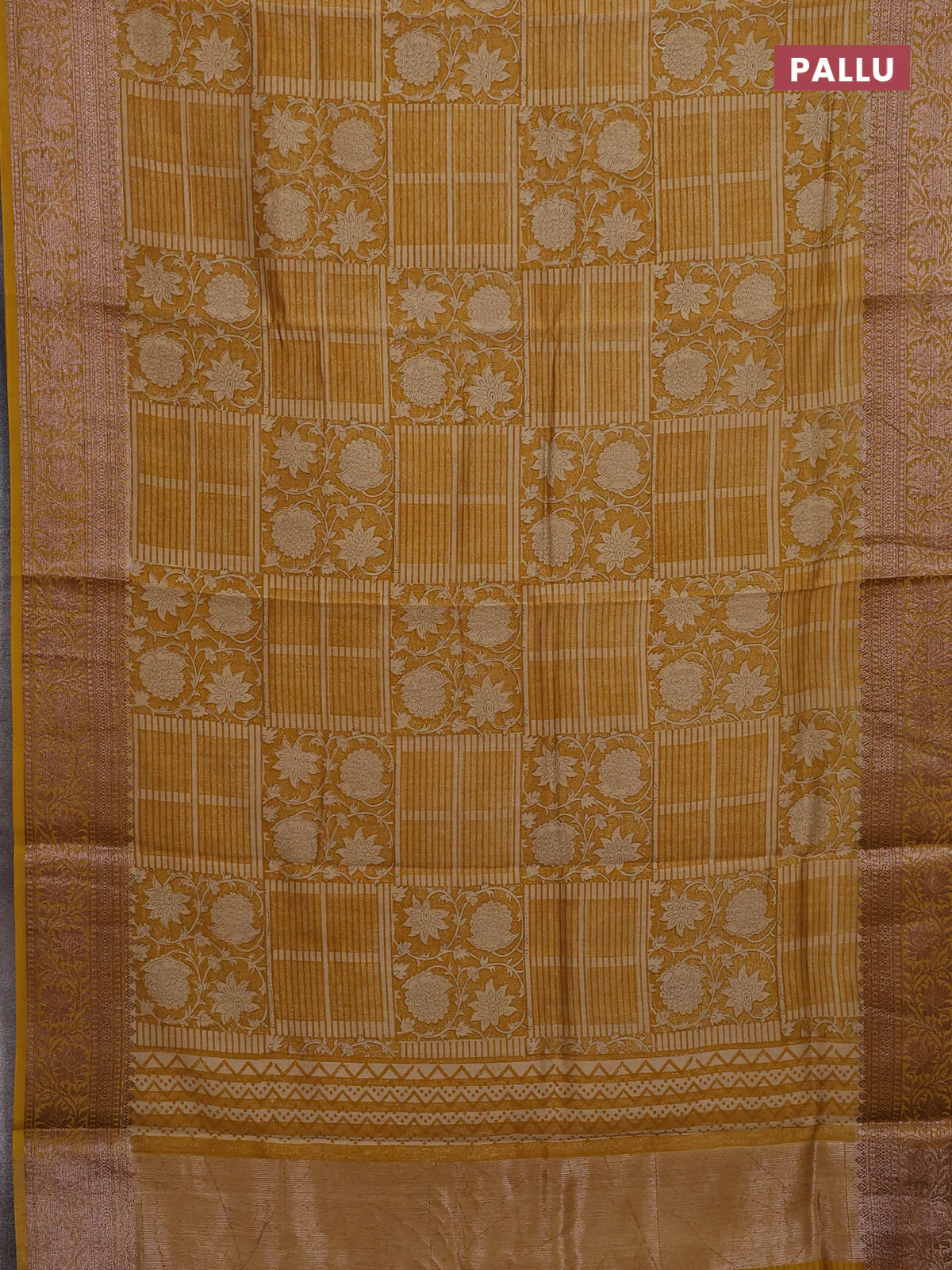 Chanderi silk cotton saree mustard yellow with allover prints and banarasi style border - Image 3