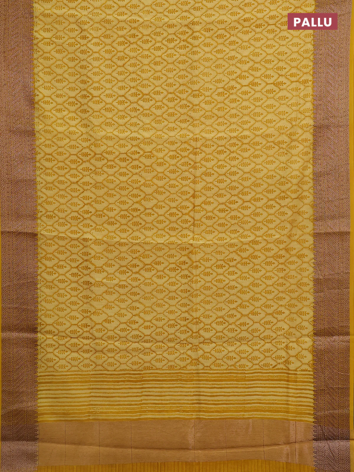 Chanderi silk cotton saree mustard yellow with allover prints and banarasi style border - Image 3