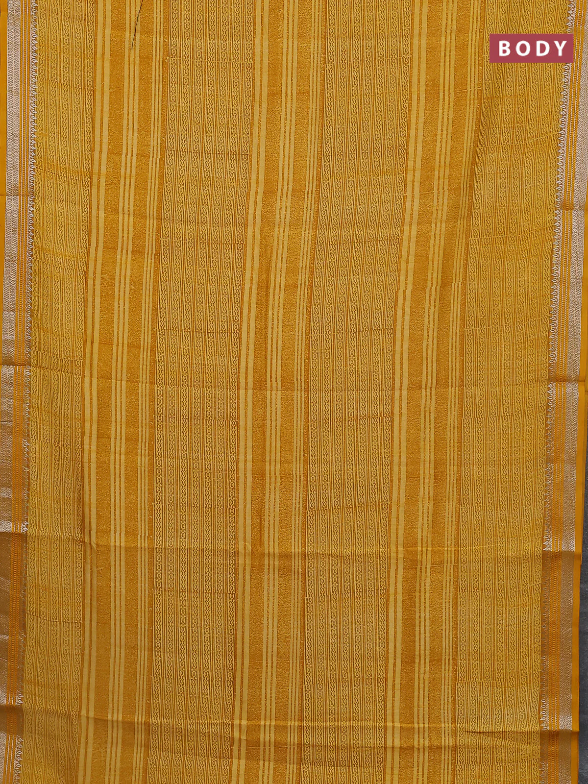 Chanderi silk cotton saree mustard yellow with allover prints and silver zari woven border - Image 2
