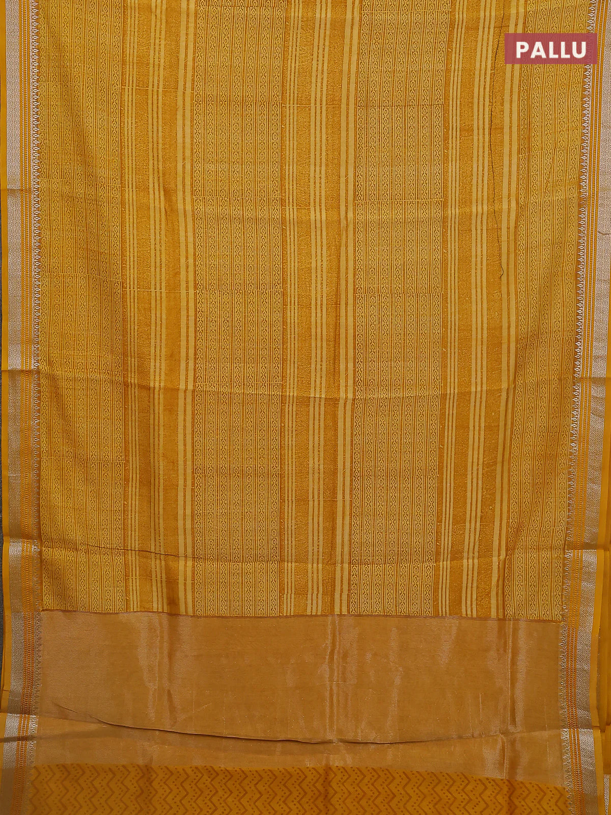 Chanderi silk cotton saree mustard yellow with allover prints and silver zari woven border - Image 3