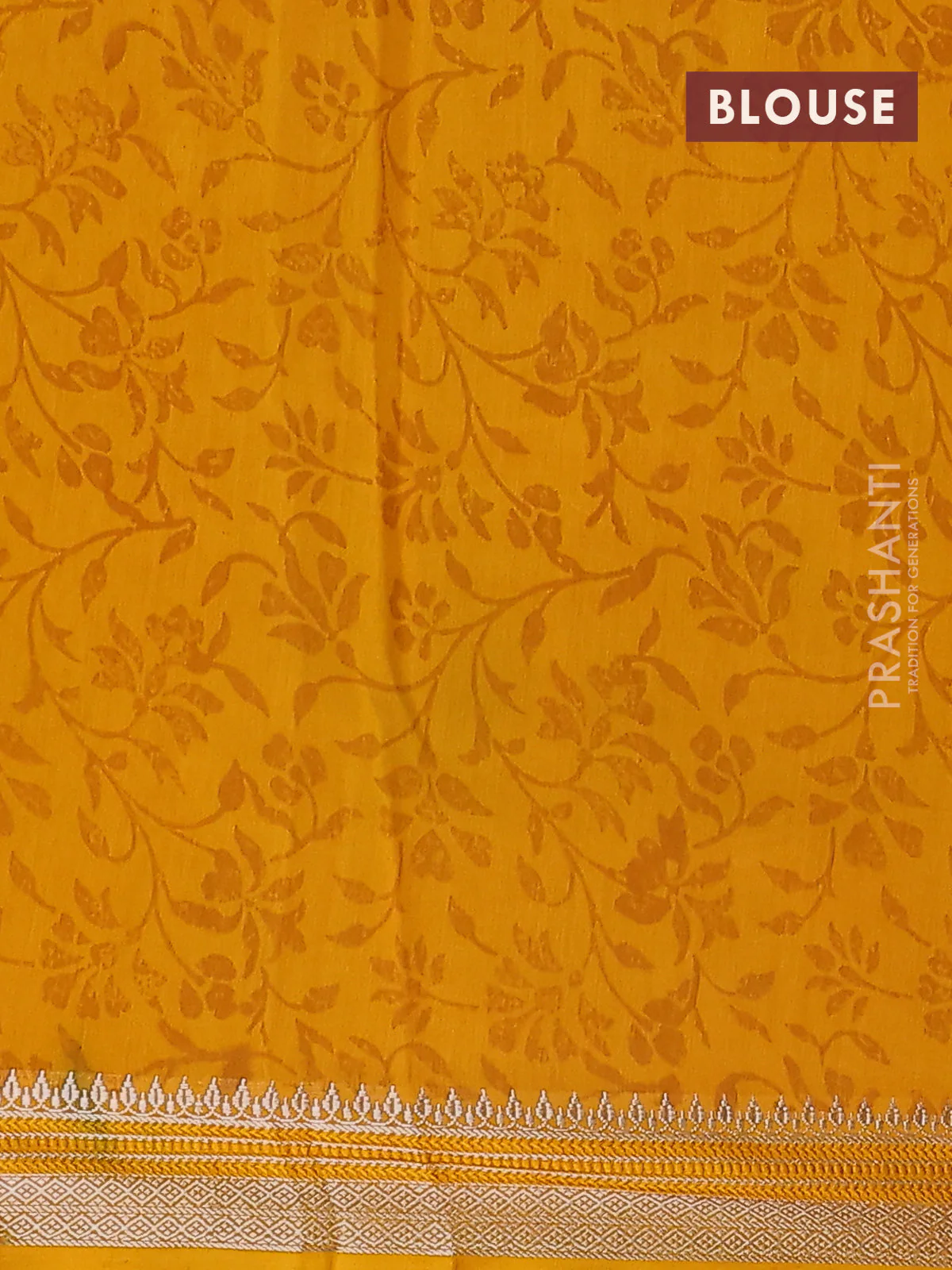 Chanderi silk cotton saree mustard yellow with allover prints and silver zari woven border - Image 4