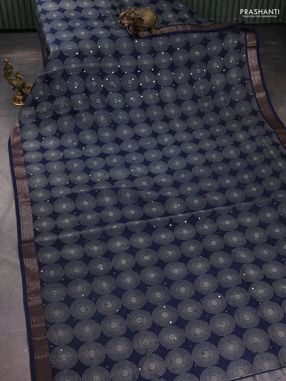 Chanderi silk cotton saree navy blue with allover geometric prints & mirror work and zari woven border - Image 2