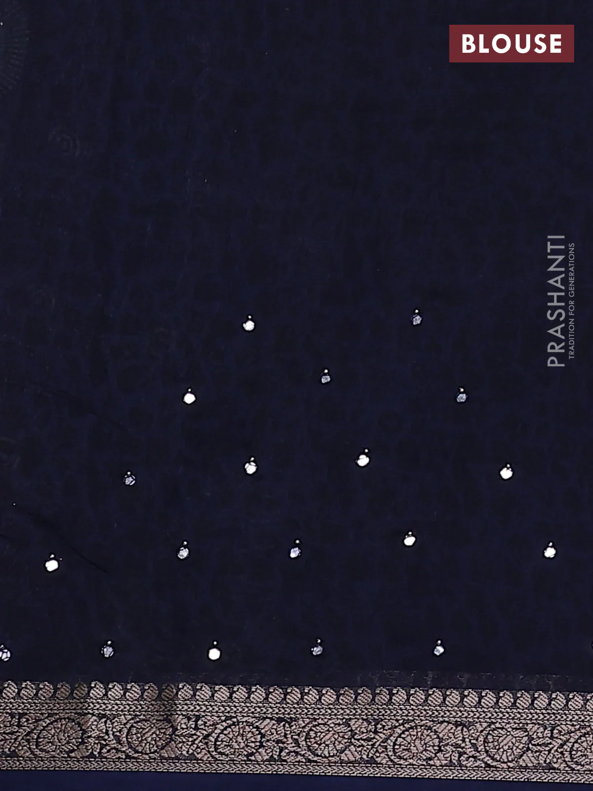 Chanderi silk cotton saree navy blue with allover geometric prints & mirror work and zari woven border - Image 3