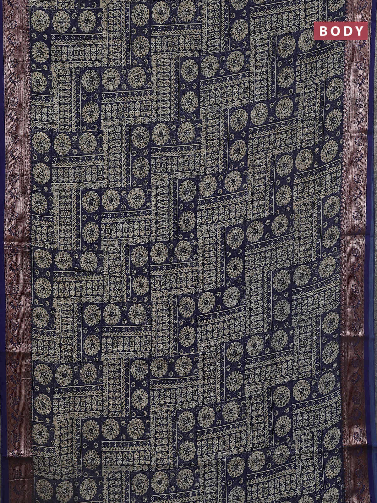 Chanderi silk cotton saree navy blue with allover prints and banarasi style border - Image 2