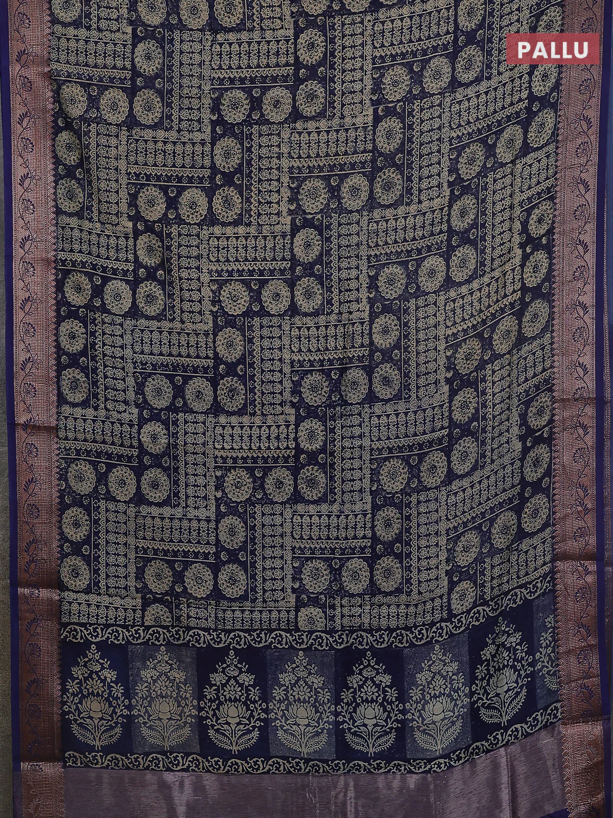 Chanderi silk cotton saree navy blue with allover prints and banarasi style border - Image 3