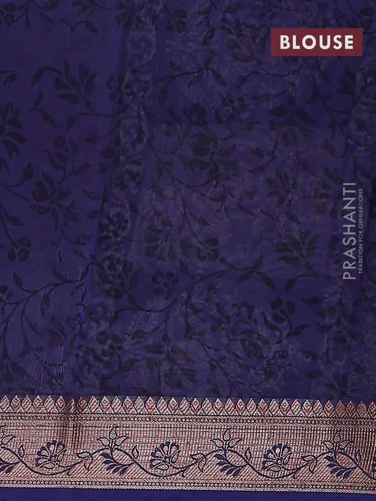 Chanderi silk cotton saree navy blue with allover prints and banarasi style border - Image 4