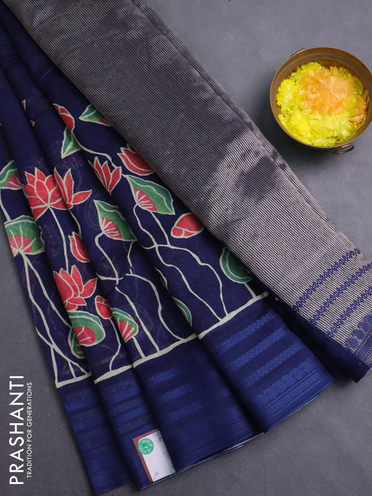 Chanderi silk cotton saree navy blue with allover prints and thread woven border