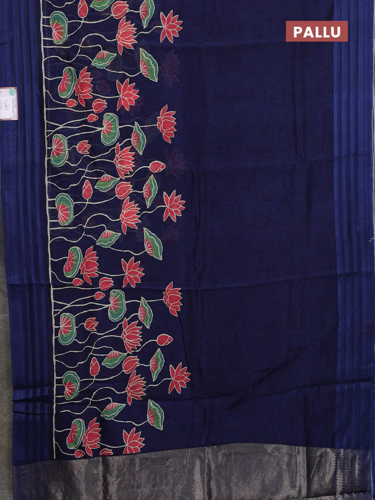 Chanderi silk cotton saree navy blue with allover prints and thread woven border - Image 3
