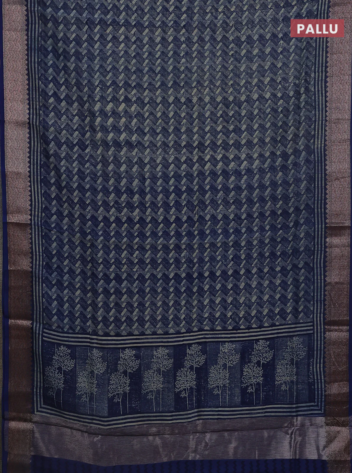 Chanderi silk cotton saree navy blue with allover zig zag prints and banarasi style border - Image 3