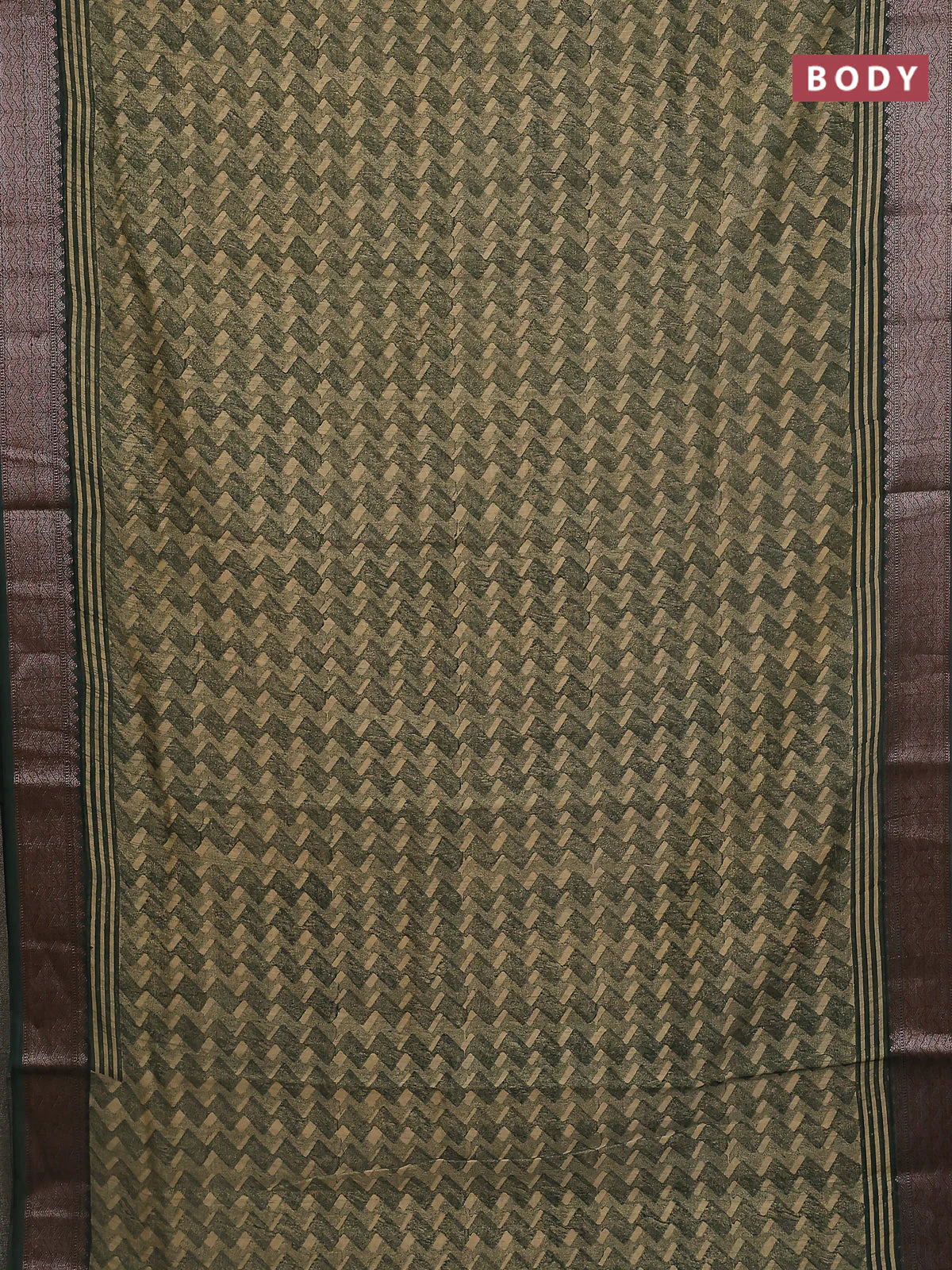 Chanderi silk cotton saree olive green with allover zig zag prints and banarasi style border - Image 2