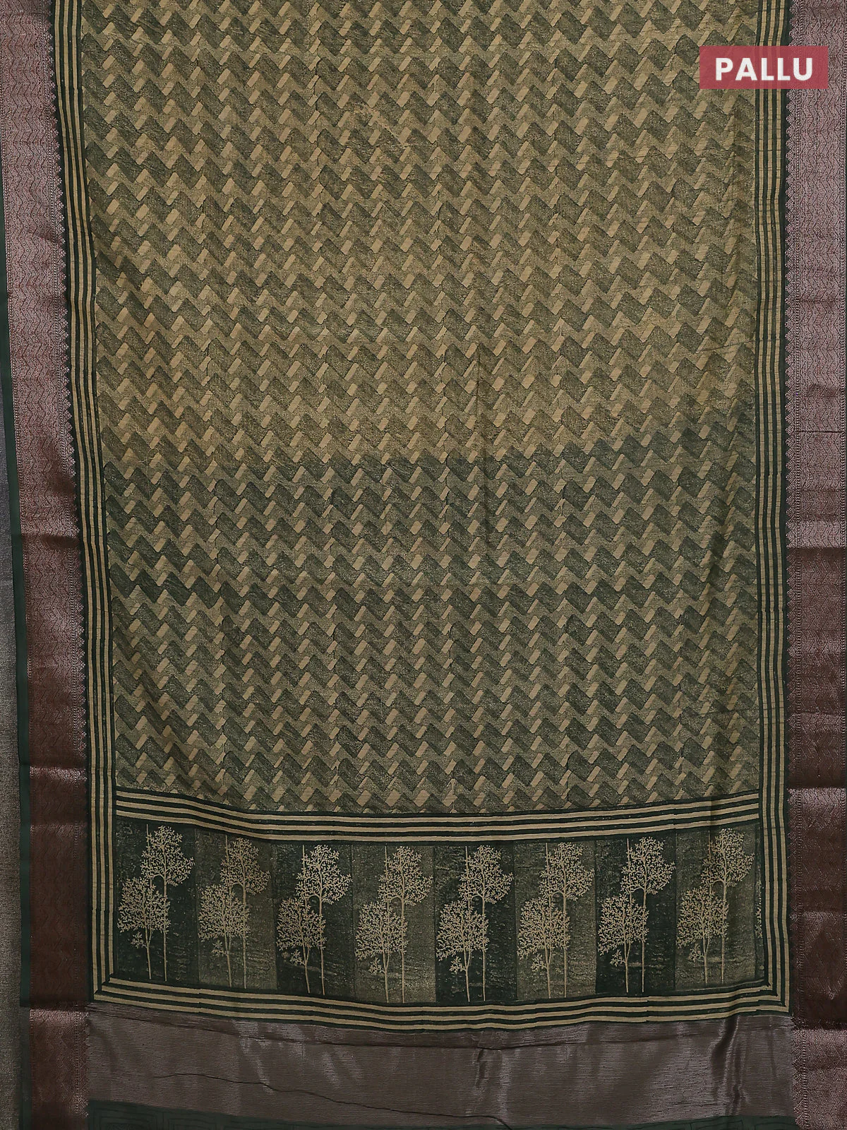 Chanderi silk cotton saree olive green with allover zig zag prints and banarasi style border - Image 3