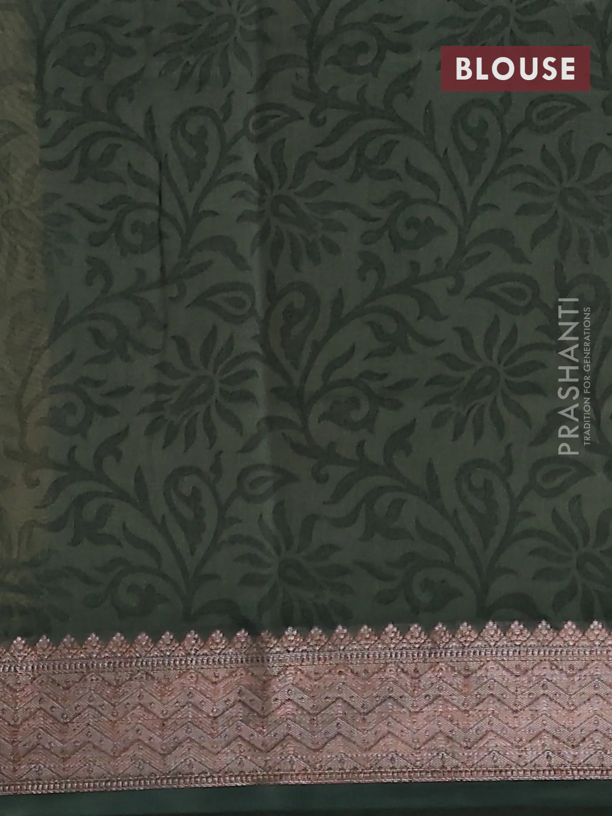 Chanderi silk cotton saree olive green with allover zig zag prints and banarasi style border - Image 4