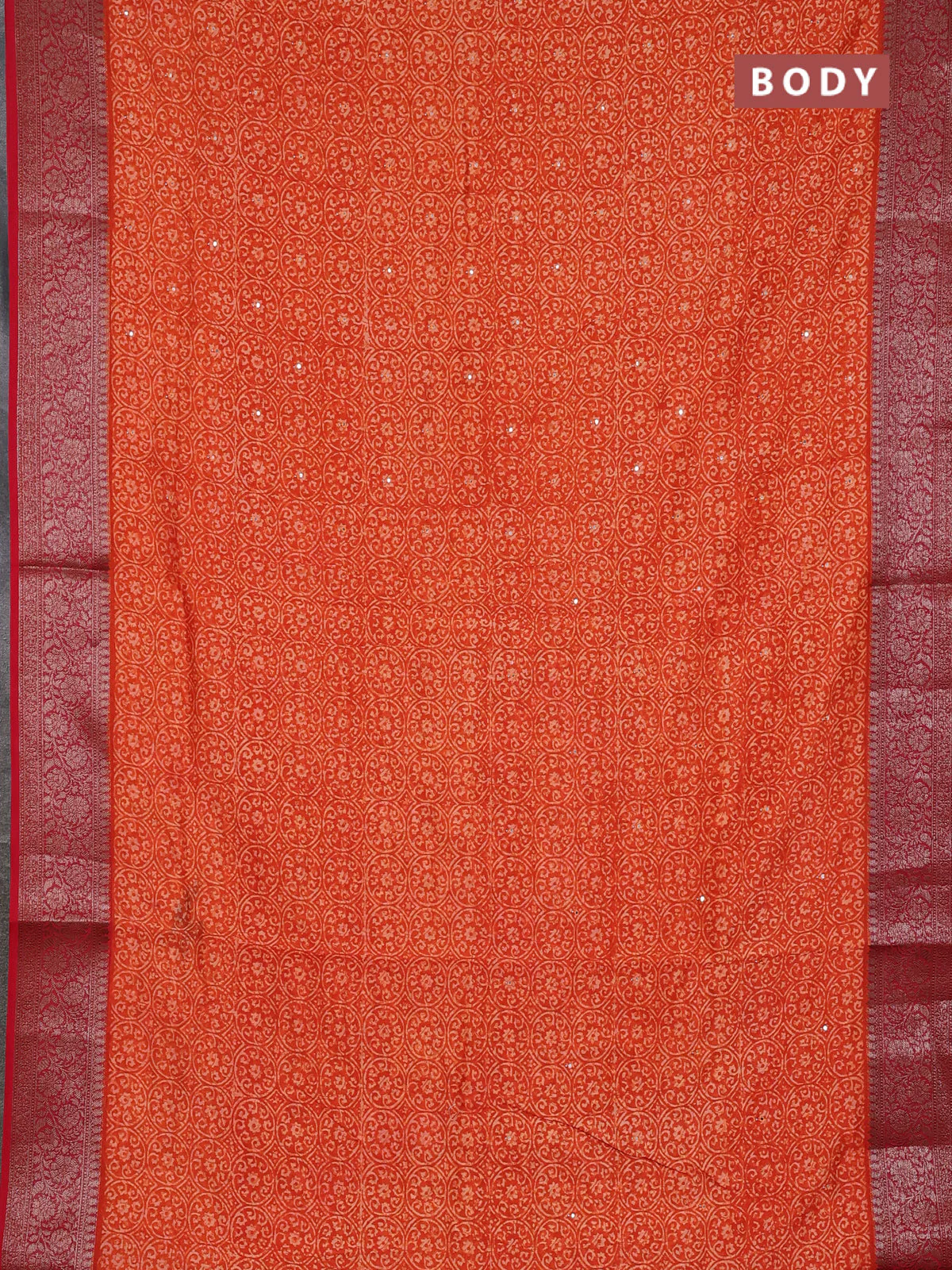 Chanderi silk cotton saree orange and maroon with allover prints & mirror work and banarasi style border - Image 2