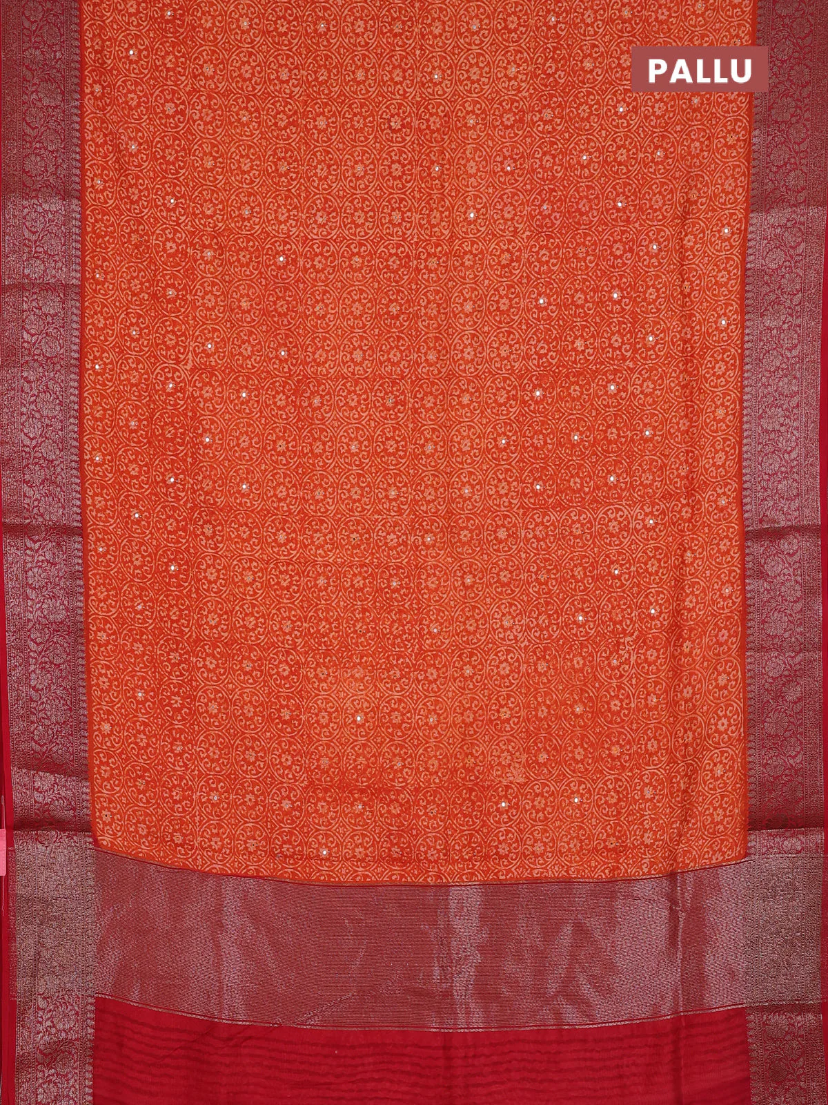 Chanderi silk cotton saree orange and maroon with allover prints & mirror work and banarasi style border - Image 3