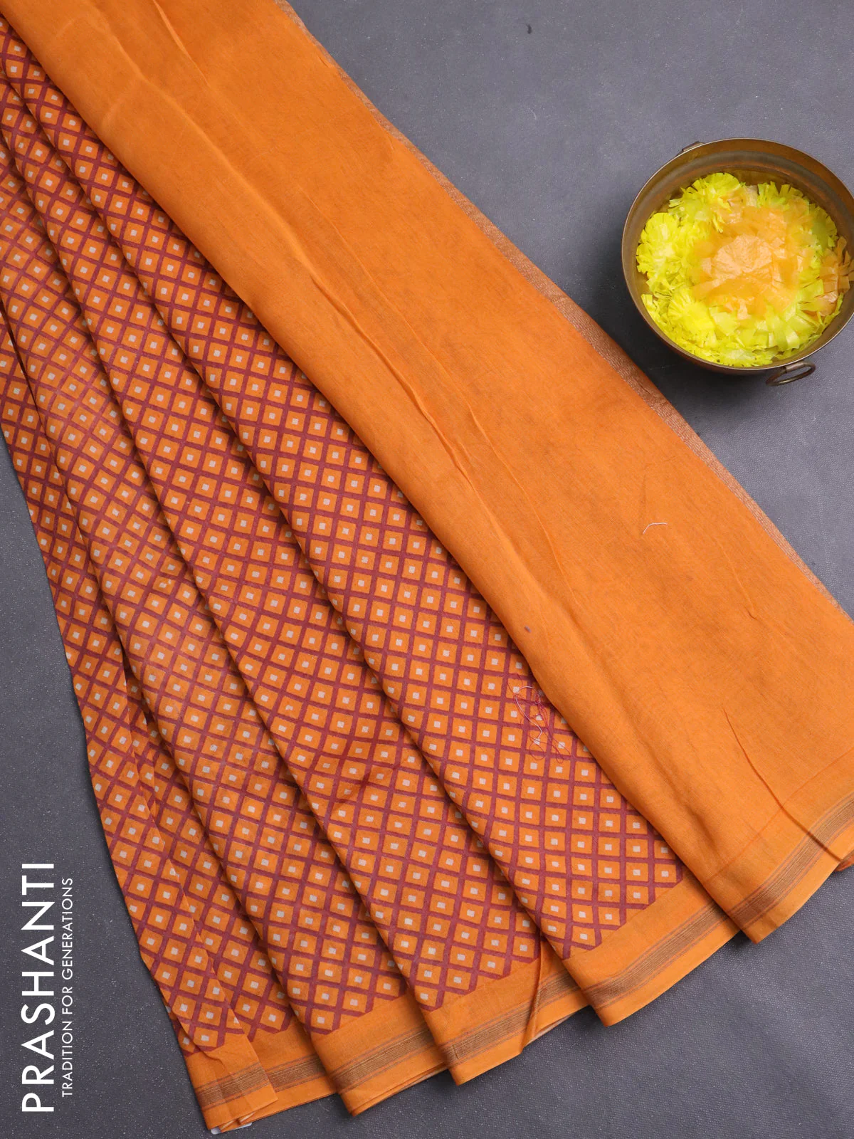 Chanderi silk cotton saree orange with allover geometric prints and banarasi style border