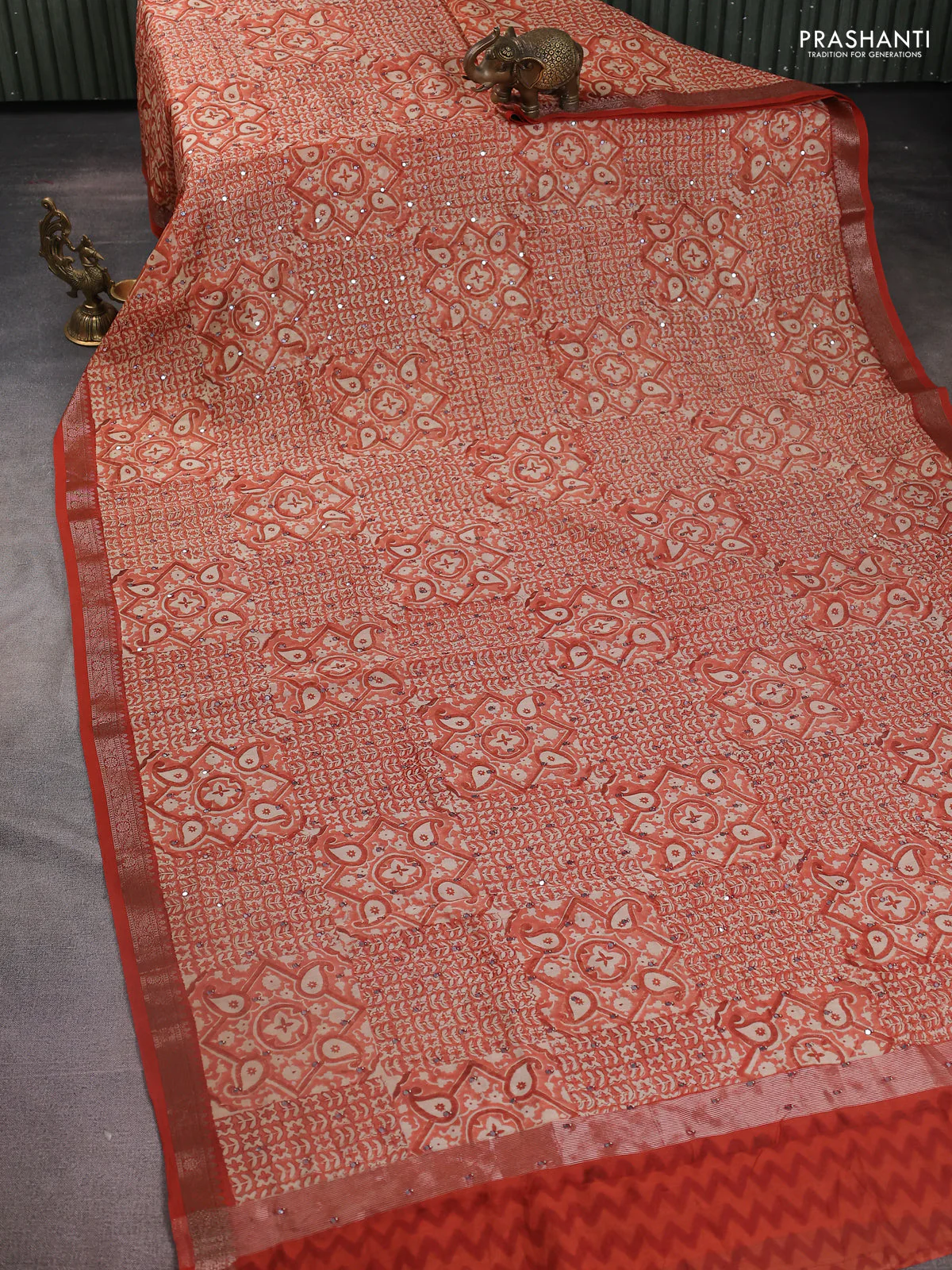 Chanderi silk cotton saree orange with allover prints & mirror work and zari woven border - Image 2