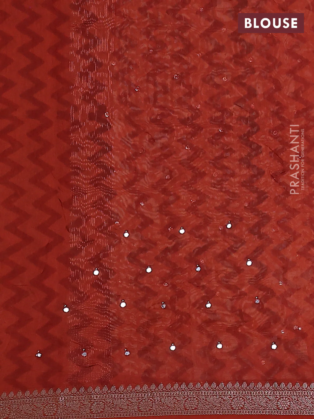 Chanderi silk cotton saree orange with allover prints & mirror work and zari woven border - Image 3