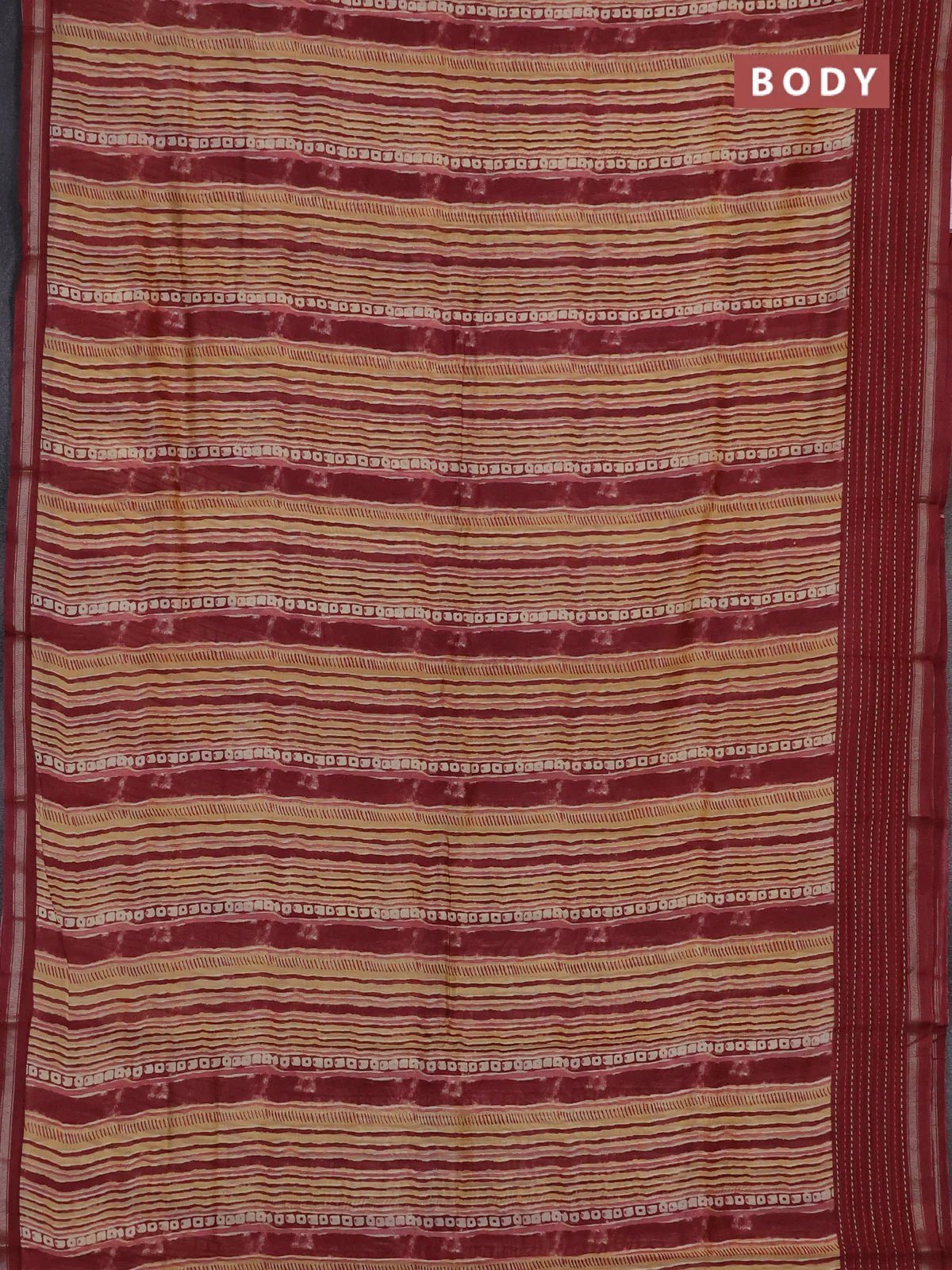 Chanderi silk cotton saree pale yellow and maroon with allover stripes prints and kantha stich work border - Image 2