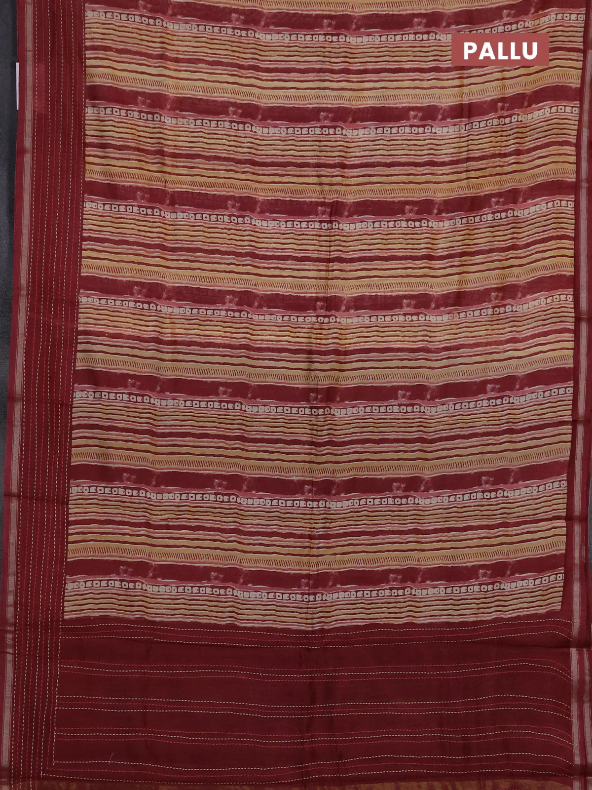 Chanderi silk cotton saree pale yellow and maroon with allover stripes prints and kantha stich work border - Image 3