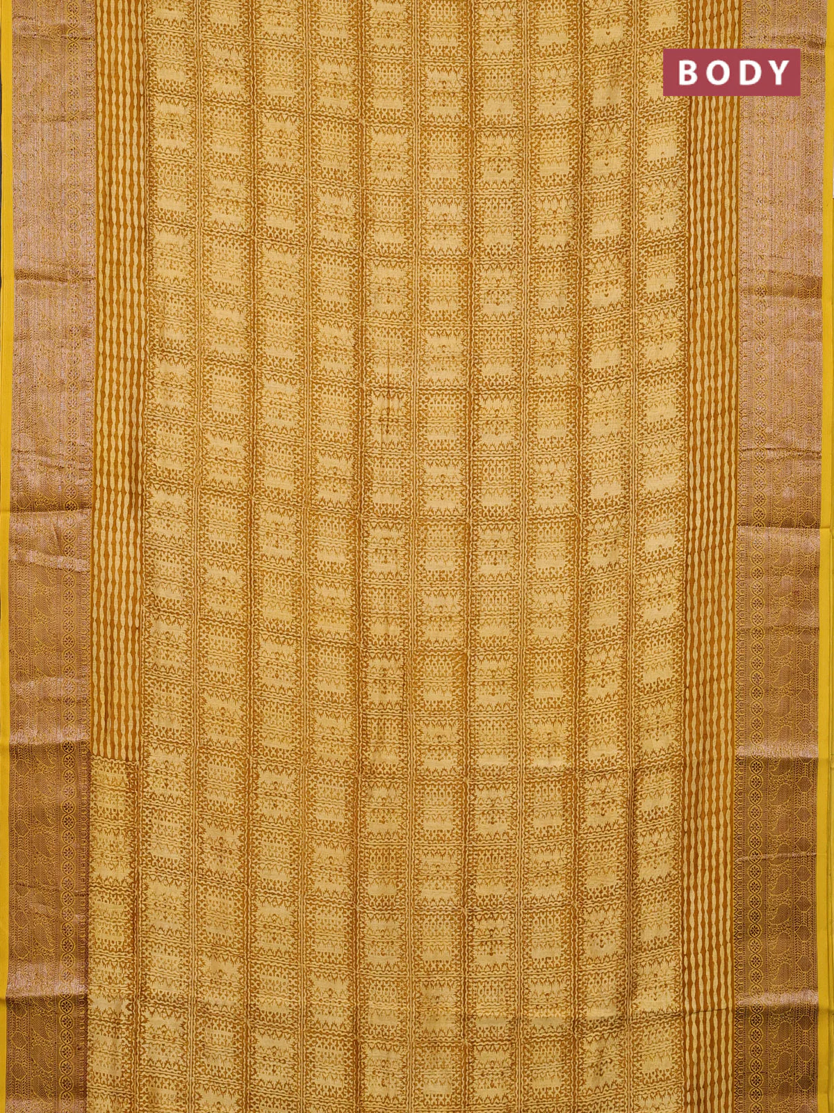 Chanderi silk cotton saree pale yellow and mustard yellow with allover prints and banarasi style border - Image 2