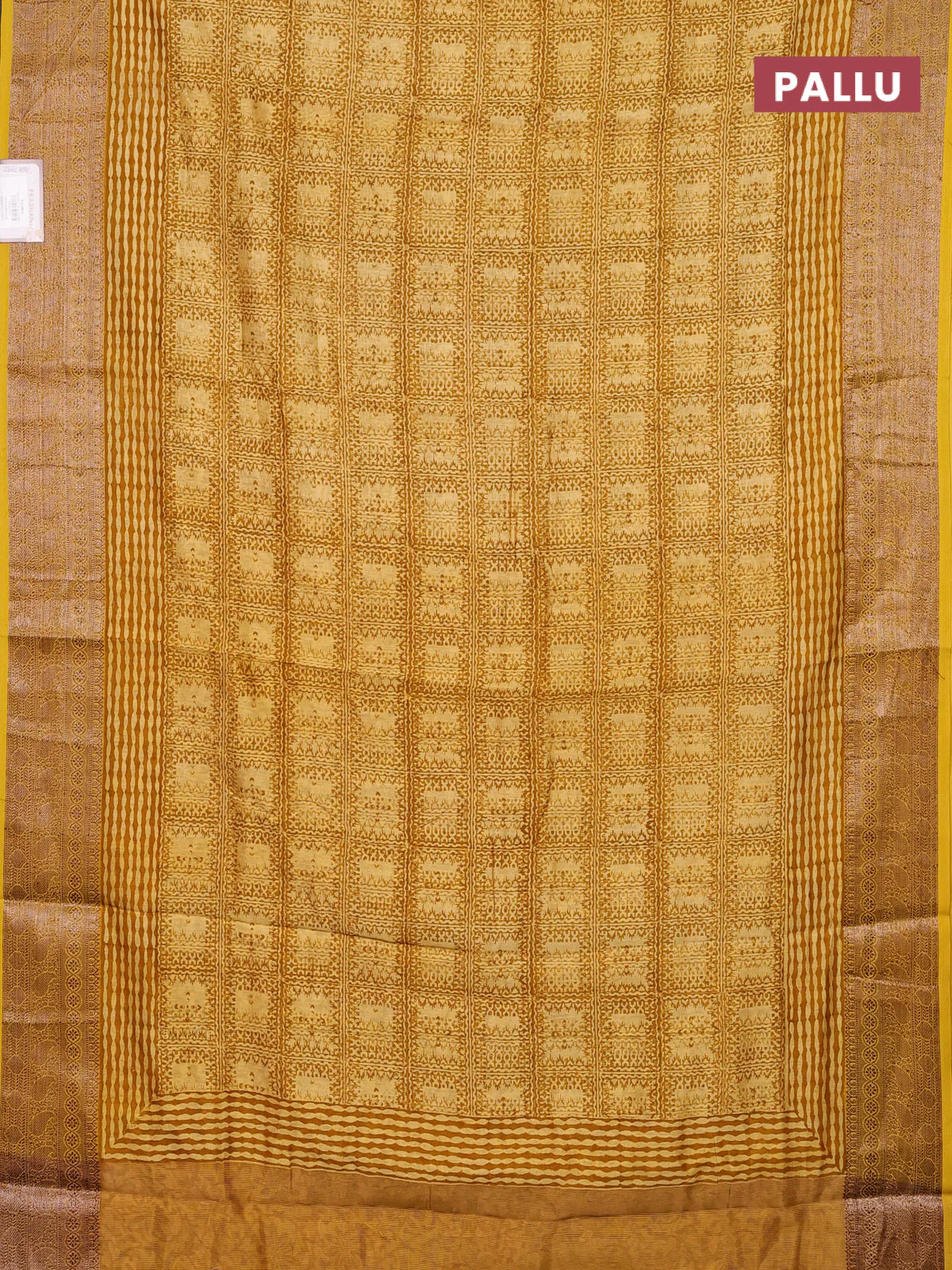 Chanderi silk cotton saree pale yellow and mustard yellow with allover prints and banarasi style border - Image 3