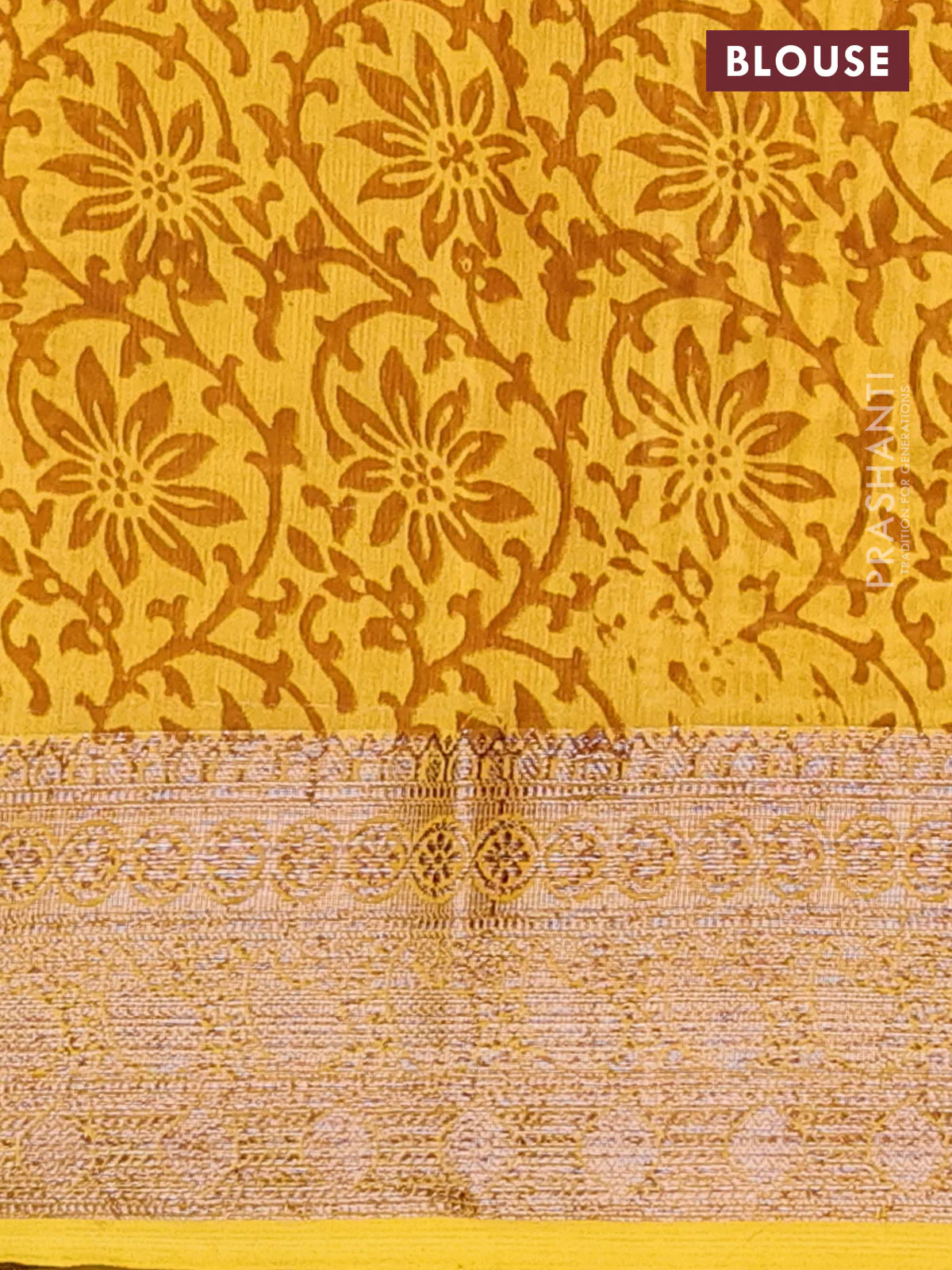 Chanderi silk cotton saree pale yellow and mustard yellow with allover prints and banarasi style border - Image 4