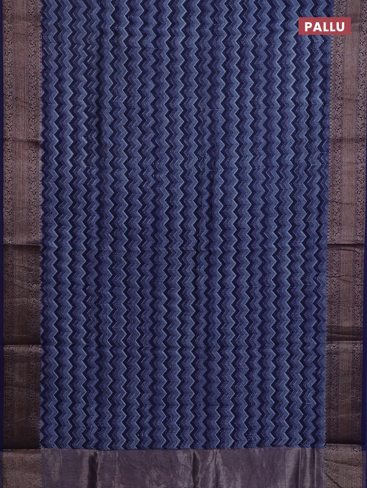 Chanderi silk cotton saree pastel blue and blue with allover zig zag prints and banarasi style border - Image 3