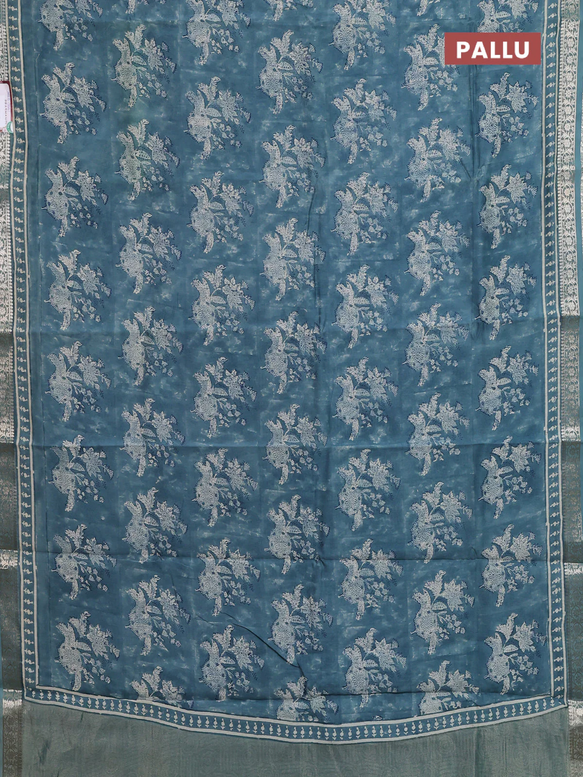 Chanderi silk cotton saree pastel green shade with allover prints and zari woven border - Image 3