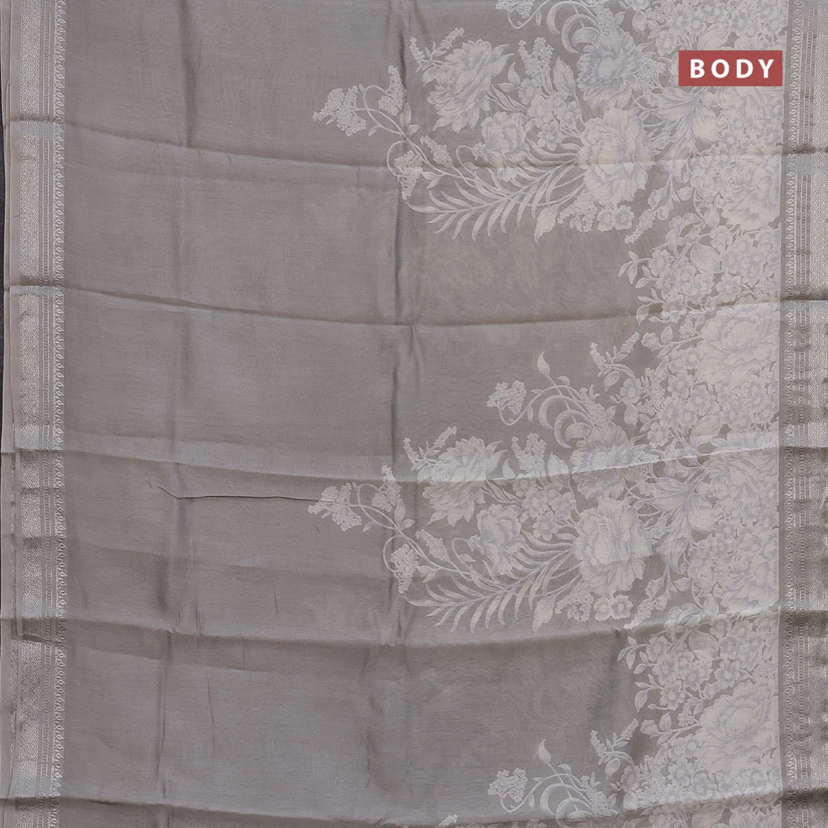 Chanderi silk cotton saree pastel grey with allover floral prints and zari woven border - Image 2