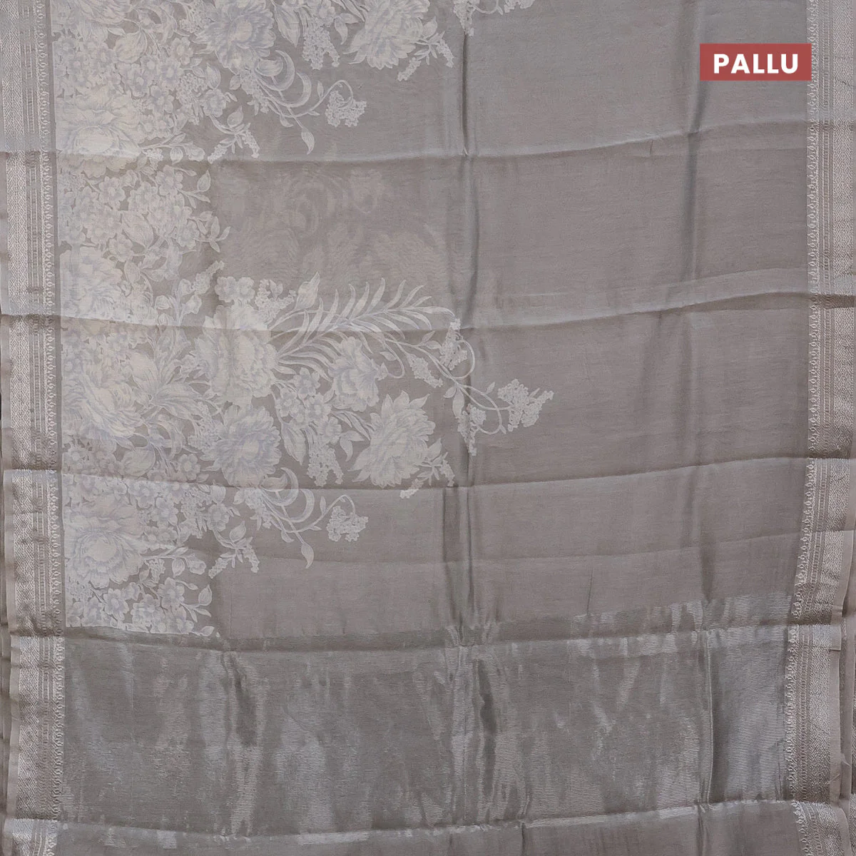 Chanderi silk cotton saree pastel grey with allover floral prints and zari woven border - Image 3