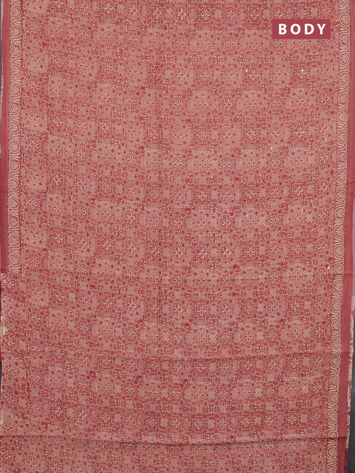 Chanderi silk cotton saree pastel maroon and beige with allover prints & mirror work and printed border - Image 2