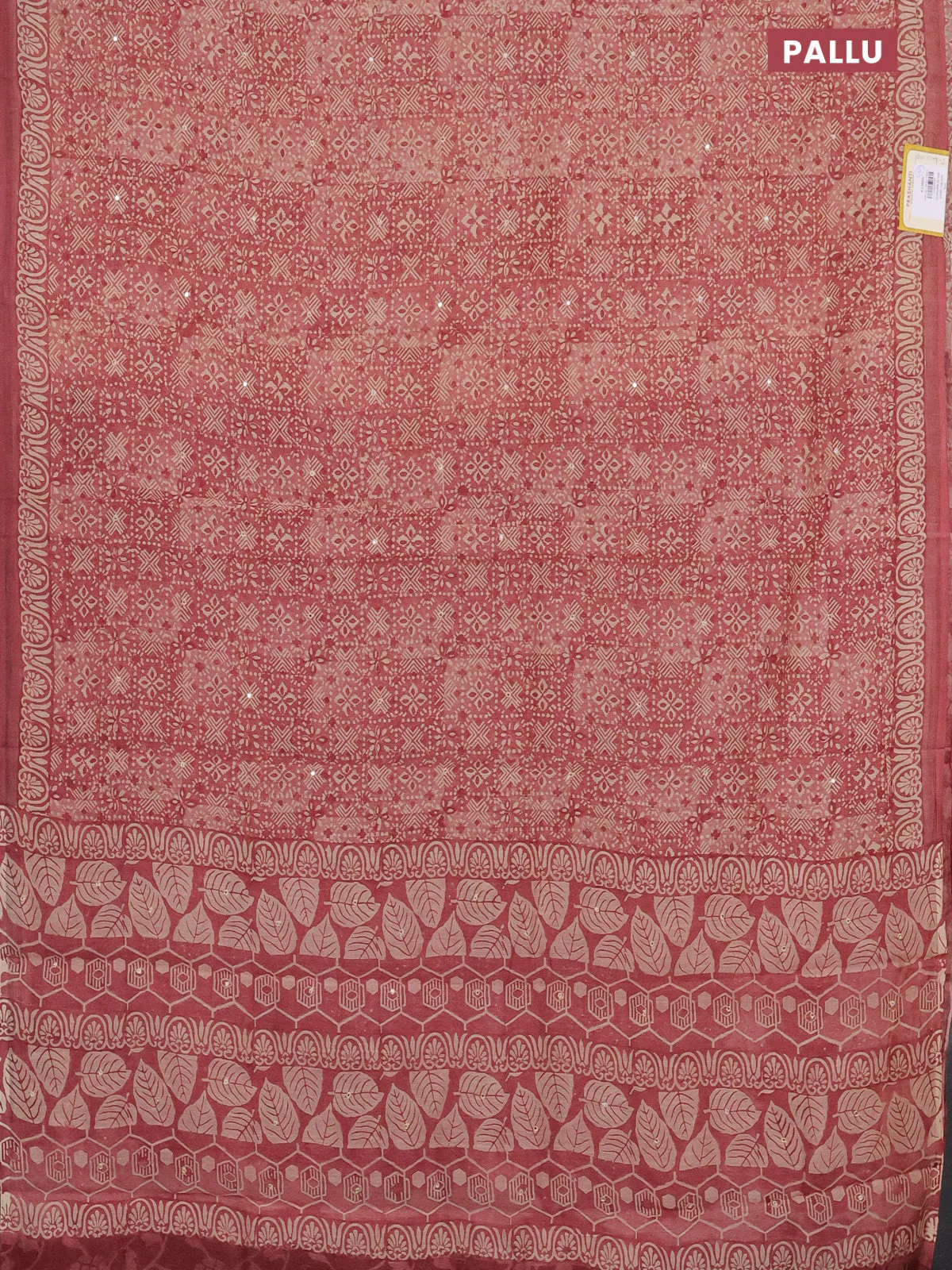 Chanderi silk cotton saree pastel maroon and beige with allover prints & mirror work and printed border - Image 3